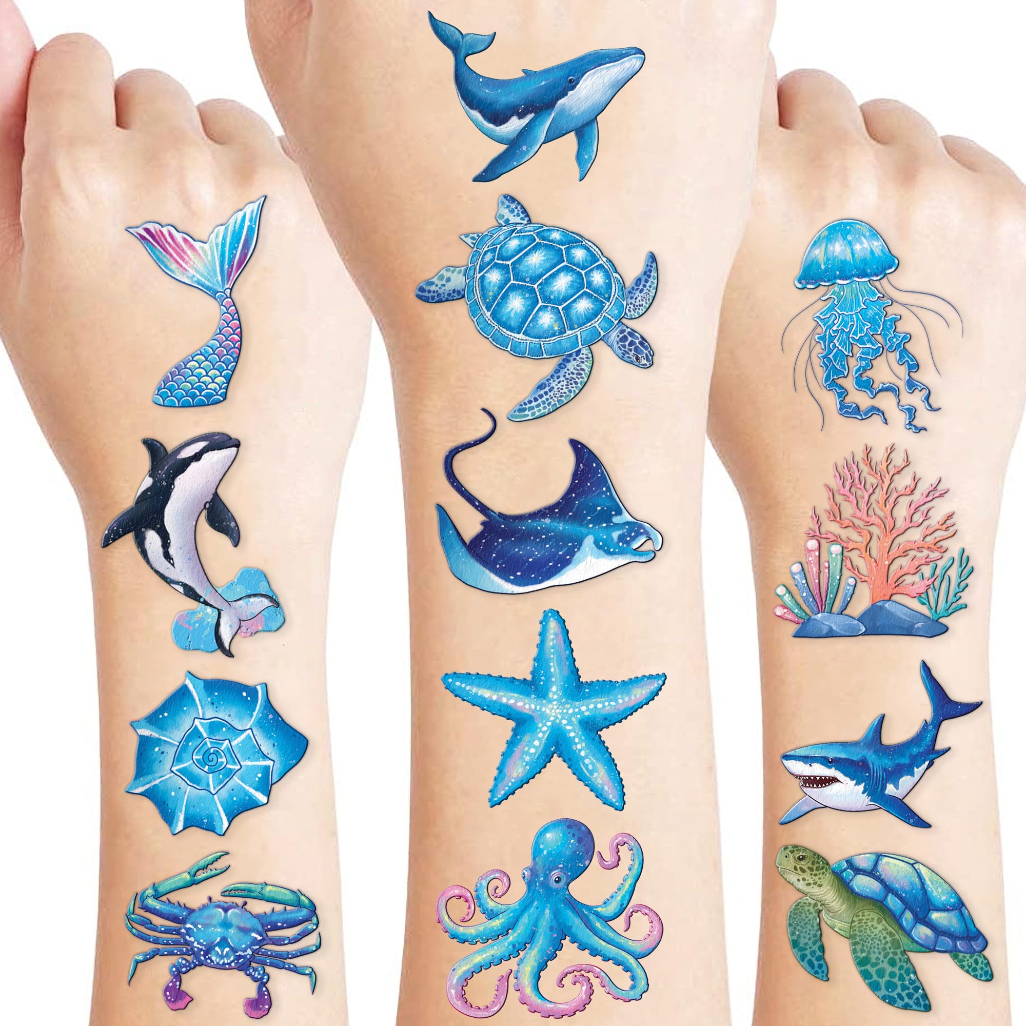 96 PCS Ocean Sea Animal Shark Whale Fish Pre-Cut Temporary Tattoos for Kids | Super Cute Themed Birthday Party Favors, Supplies, Decorations, Fake Tattoo Stickers (Multiple)