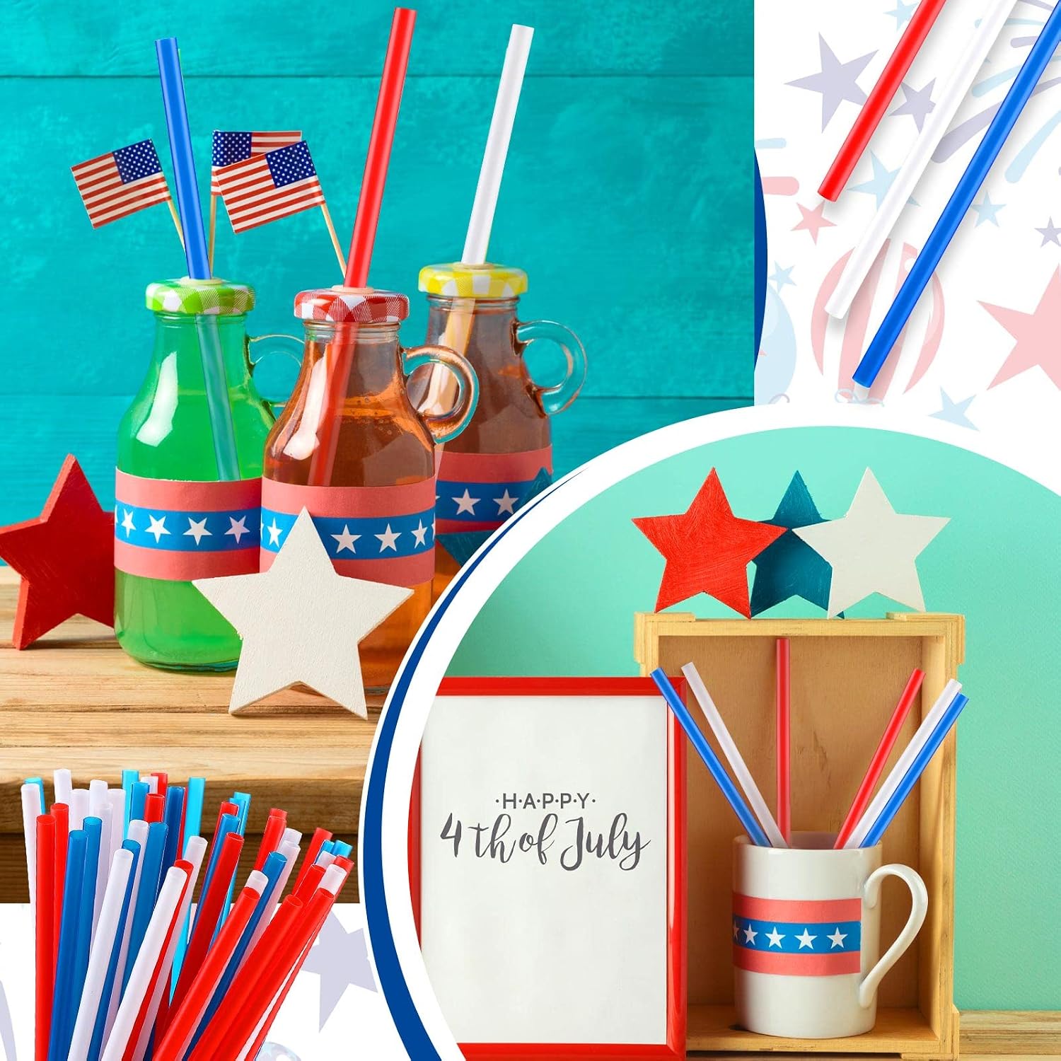 Gerrii 60 Pcs Red White Blue Patriotic Straws for 4th of July, Reusable Plastic Drinking Straws for Independence Day, Memorial Day, 250th Anniversary Party Supplies, 9 Inch, 3 Colors