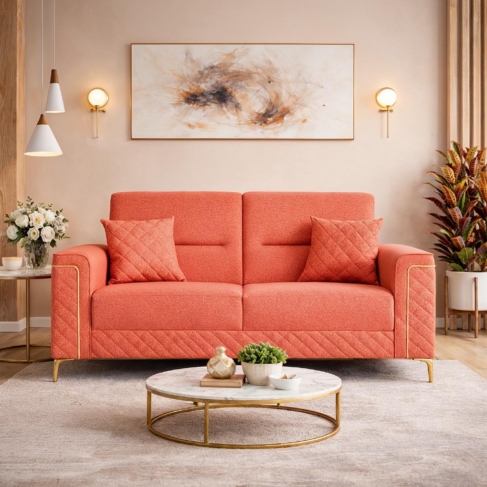 Centuary New Launch Velveteen Sofa with Bouncy Zig zag Spring Base | Plush Comfort with HR Foam and Soft Foam + Suede Water Resistant Fabric Upholstery | 3 Years Warranty | 2-Seater Sofa – Copper-image-5
