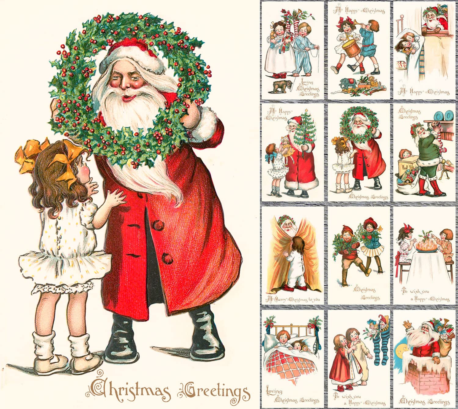 PIXILUV CHRISTMAS KIDS (Pack of 12) Notecards Small Greeting Cards # Vintage Children Playing and Helping Santa ~ Vintage Christmas Postcards Reprint