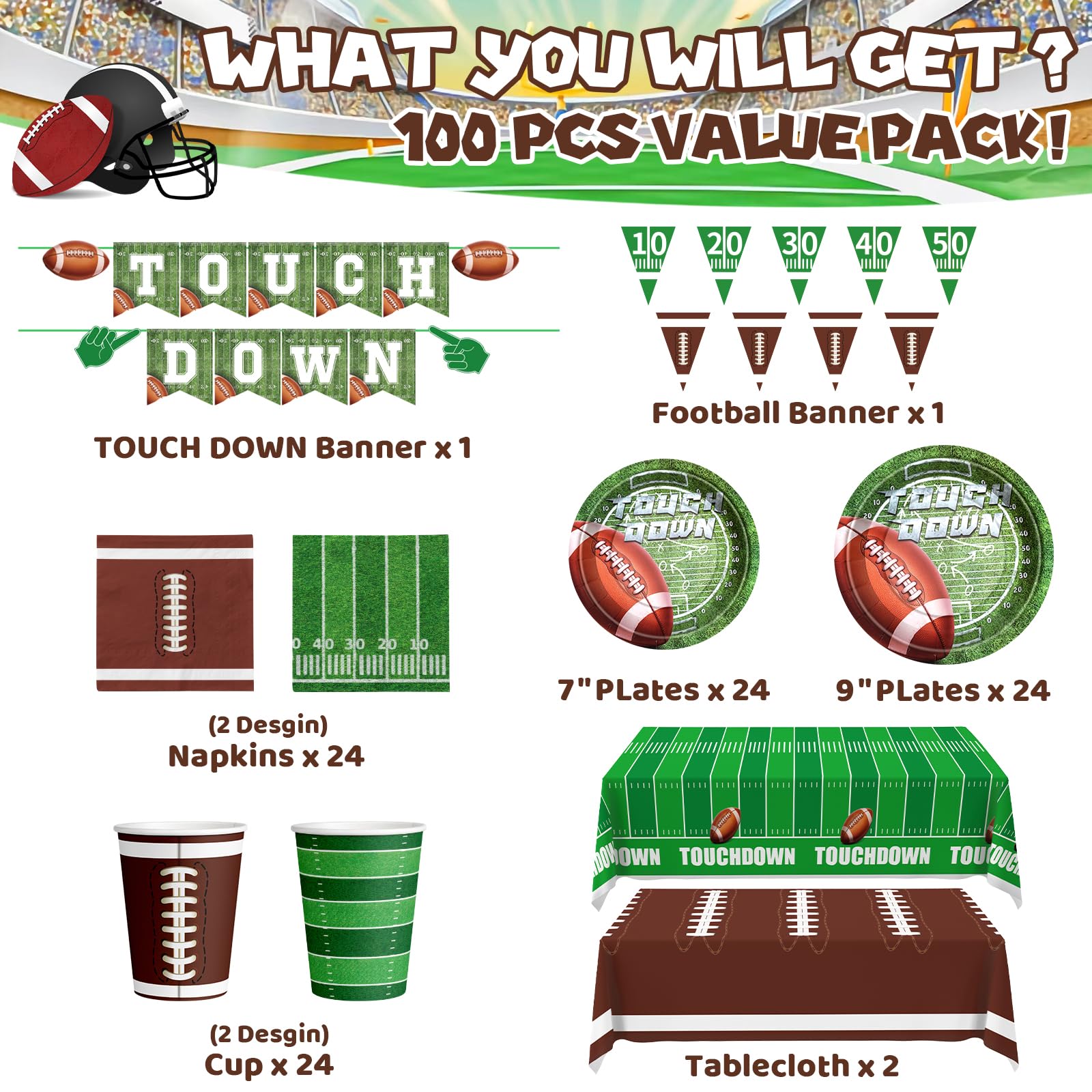 Football Party Decorations - 100 Pcs Party Supplies Serve 24, Touch Down Banner, Plates, Tablecloth, Cup and Napkins for Birthday, Game Day and Tailgate Party