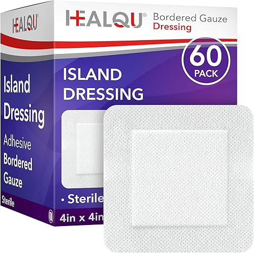 Healqu - Apósito de isla, 10,2 x 10,2 cm, 60 unidades - Apósitos de gasa estéril con borde envueltos individualmente, resistentes al agua, con