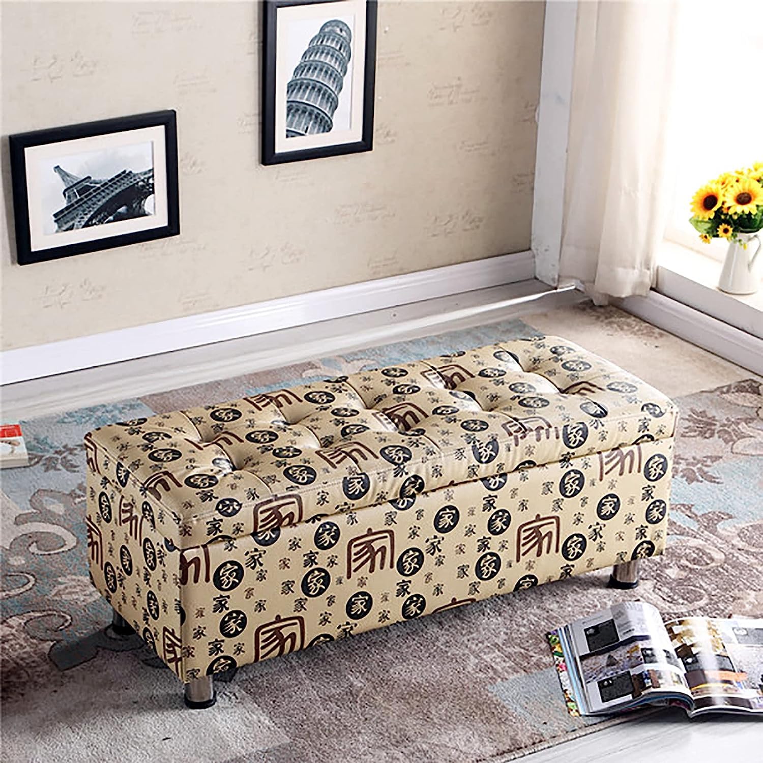 Banc de rangement en similicuir jaune rectangulaire pour maison moderne