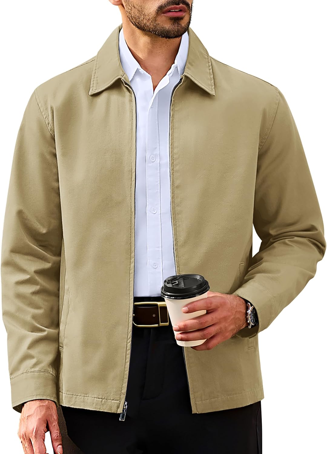 TACVASEN Men's Cotton Jacket Full Zip Up Work Jackets Turndown Collar Business Casual Windbreaker with 3 Pockets