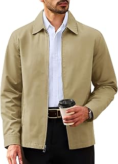 Men's Cotton Jacket Full Zip Up Work Jackets Turndown Collar Business Casual Windbreaker with 3 Pockets