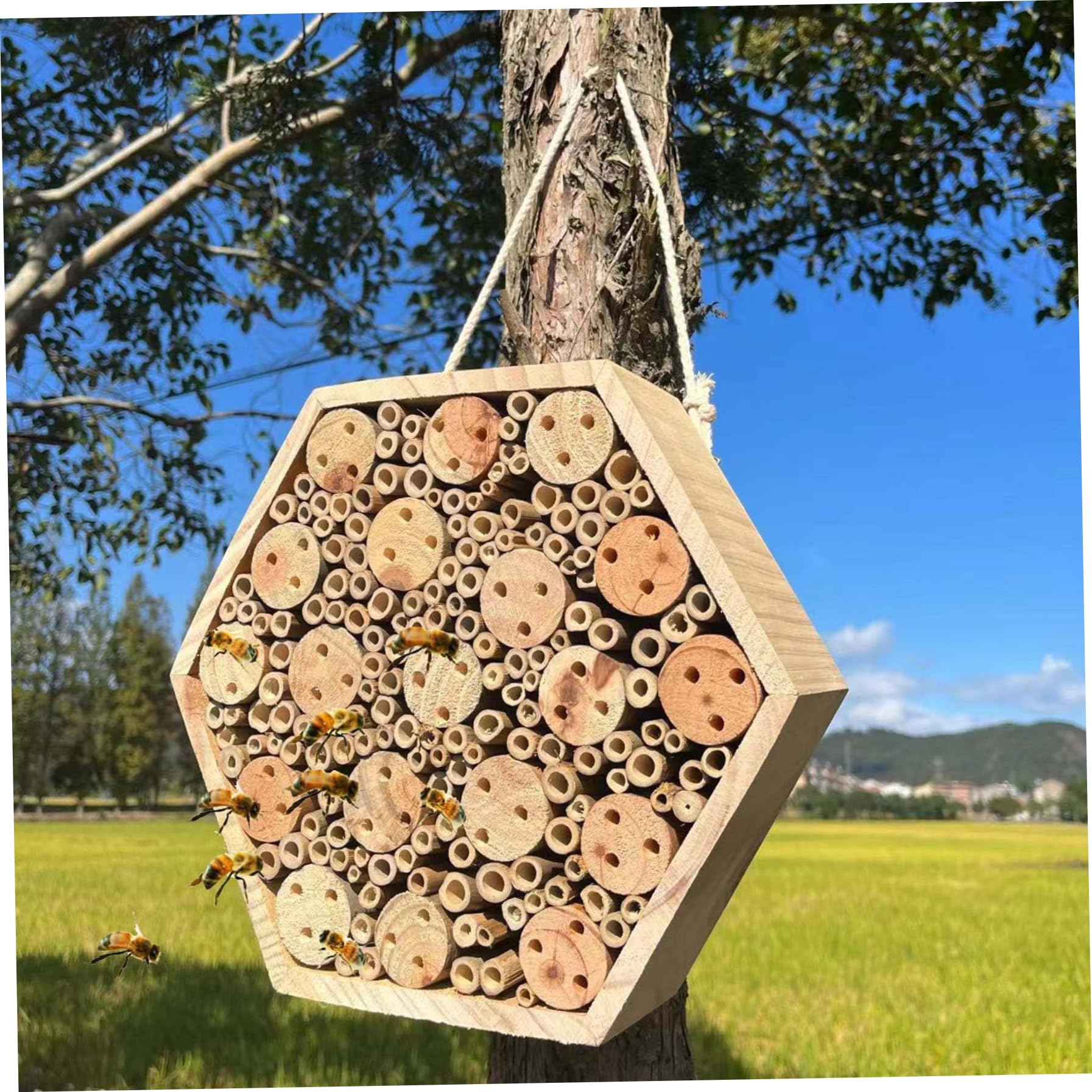 Hotel per insetti esagonale in legno casetta per da giardino Hotel naturale con corda per appenderla casetta per muratrici da esterno per attirare gli impollinatori decorazione per il giardino