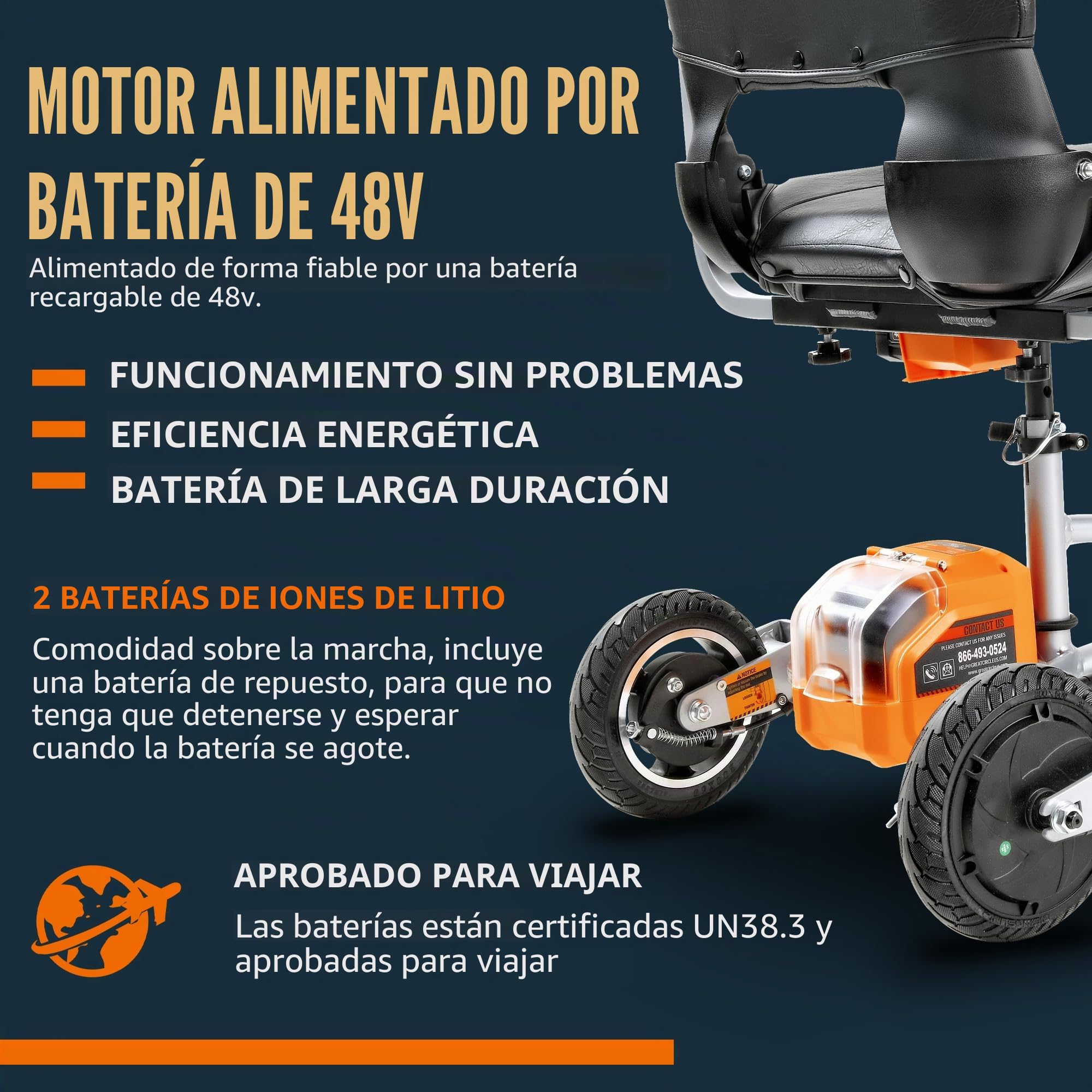 SuperHandy Dispositivo de movilidad electrónica plegable de 3 ruedas (diseño mejorado) – Funciona con electricidad, apto para aerolíneas – Viaje de largo alcance con 2 baterías de iones de litio