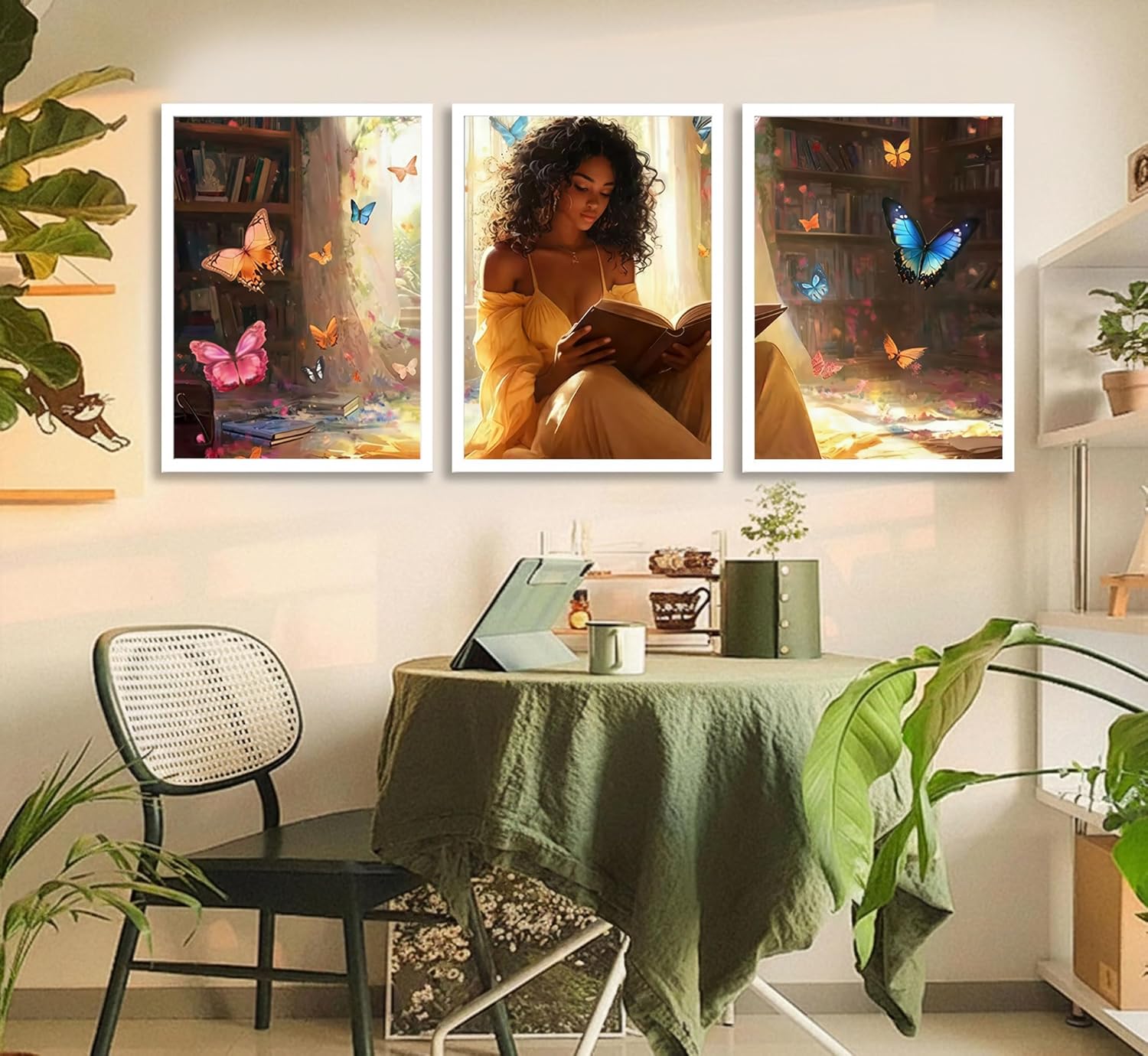 3pcs Black Girl Reading Books Canvas Wall Art Colorful Book Butterflies Posters Prints African American Girl Wall Decor Pictures For Living Room Bedroom Study Reading Room Home Decoration Unframed