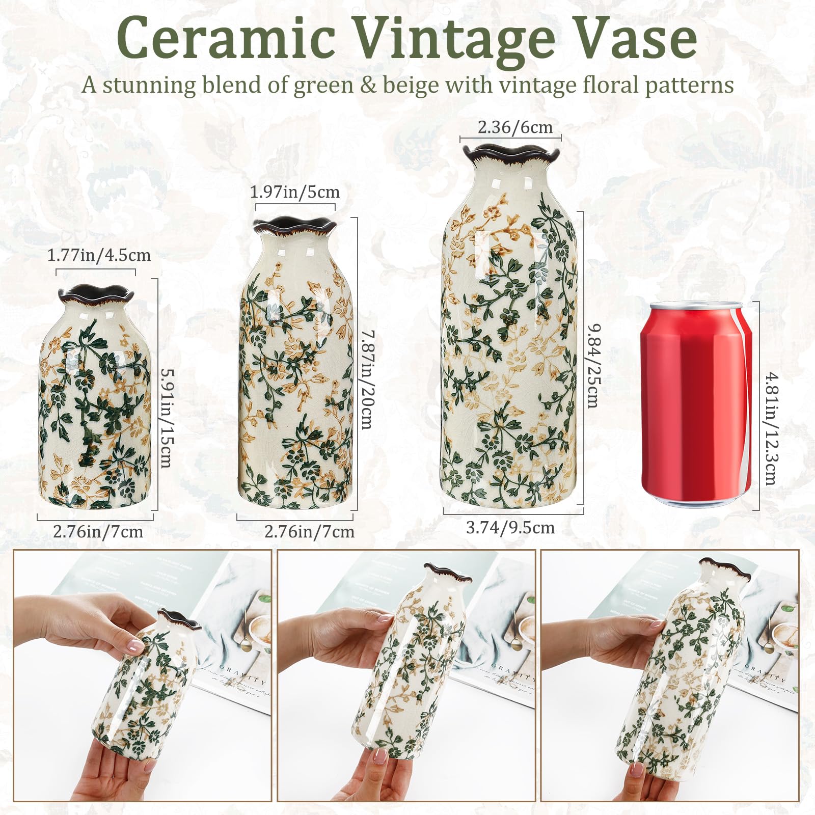 3 jarrones de cerámica vintage verde y beige agrietados para el hogar, estantería, sala de estar, centro de mesa (pequeño, mediano y grande)