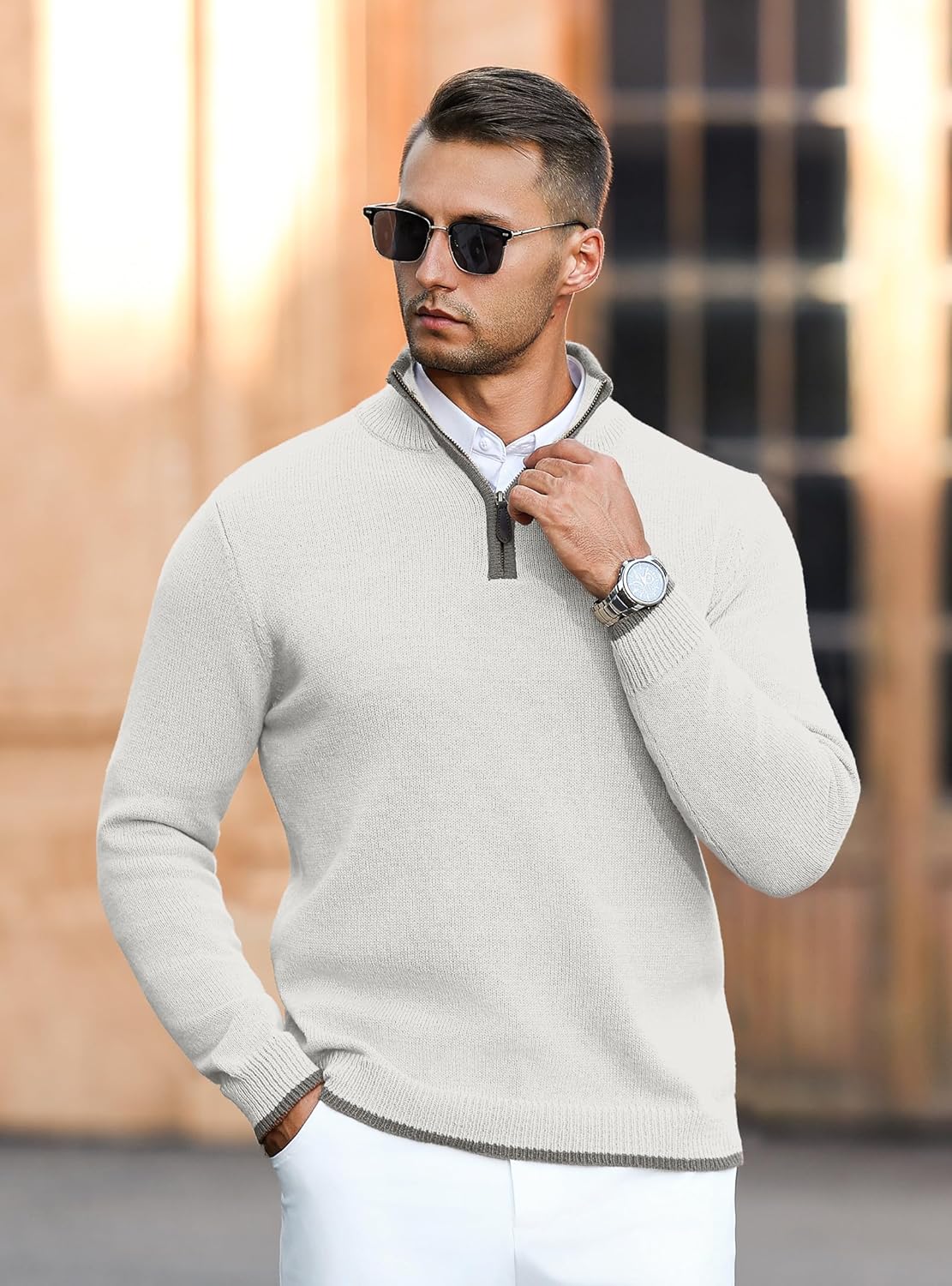 Men's Quarter Zip Pullover Sweatershirt Lightweight Polo Casual Knit Sweaters for Men - Image 4