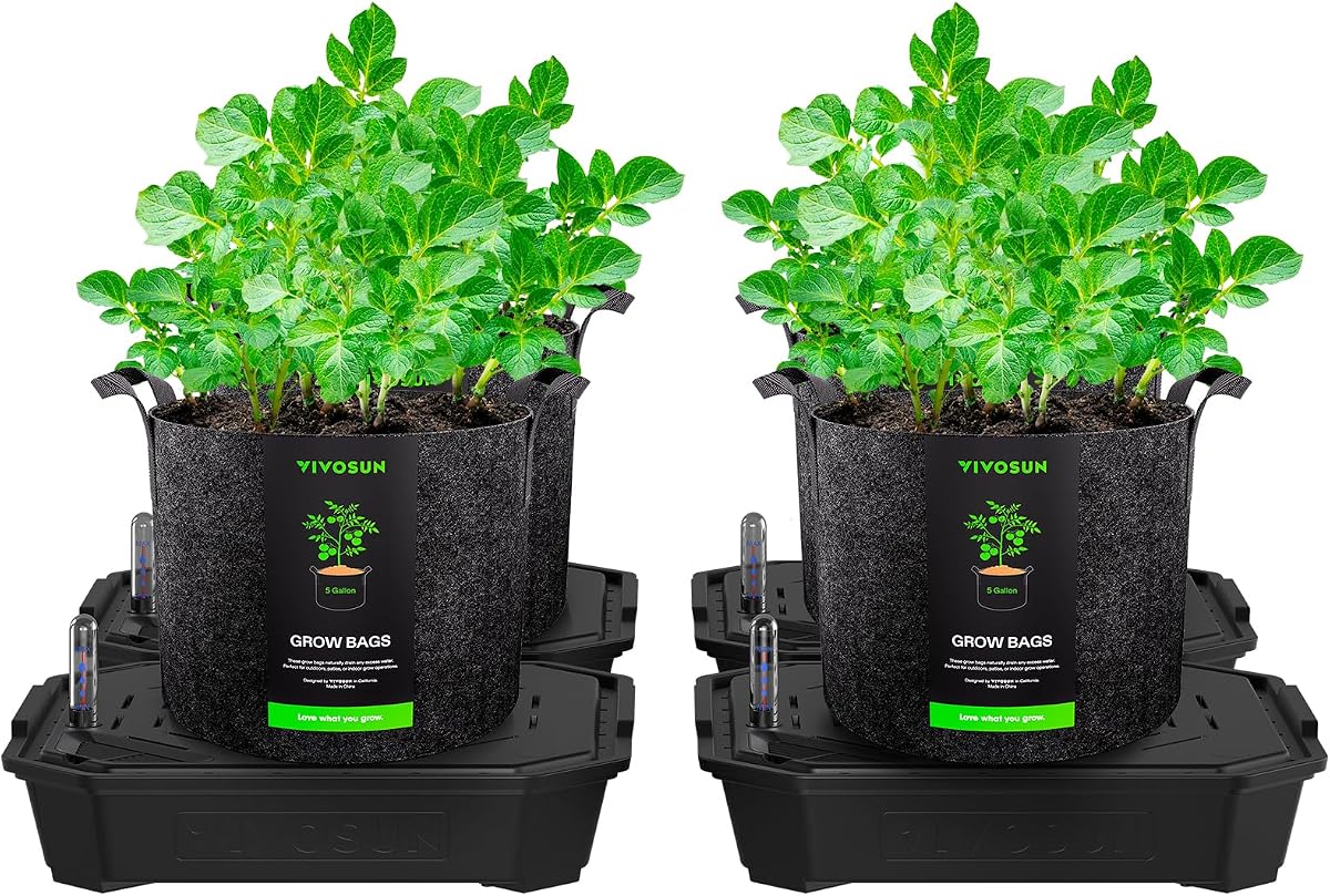 4-Pack FlexFeed Self-Watering Pots with Grow Bags, Auto Irrigation | Water Meter & Maintenance Window, for Use Indoors in Grow Tents/Outdoors