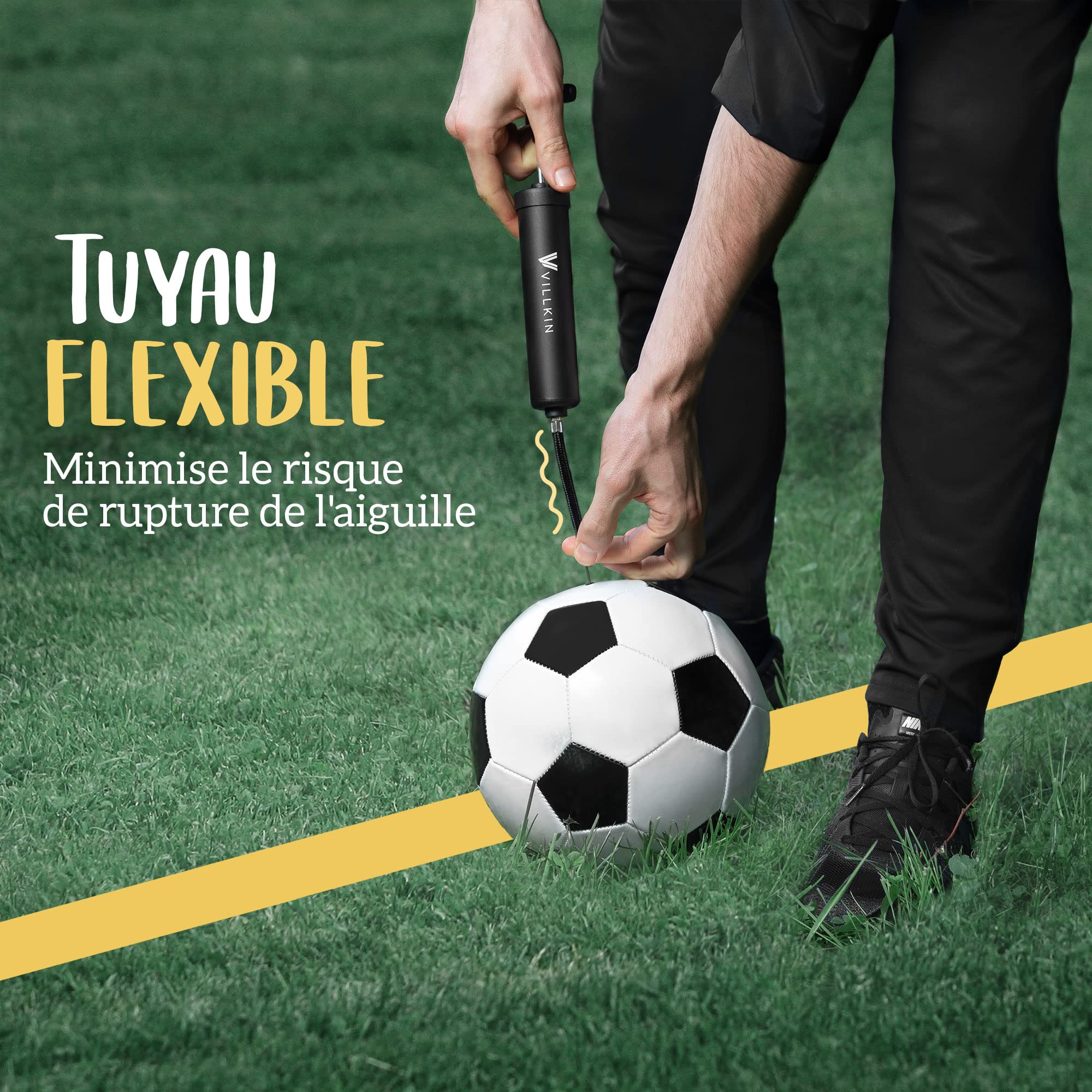 Villkin Pompe à ballon avec compartiment à aiguilles – Avec 4 aiguilles en métal, 2 aiguilles en plastique, 1 tuyau flexible – Convient pour le gonflage rapide du football, basketball, handball, etc