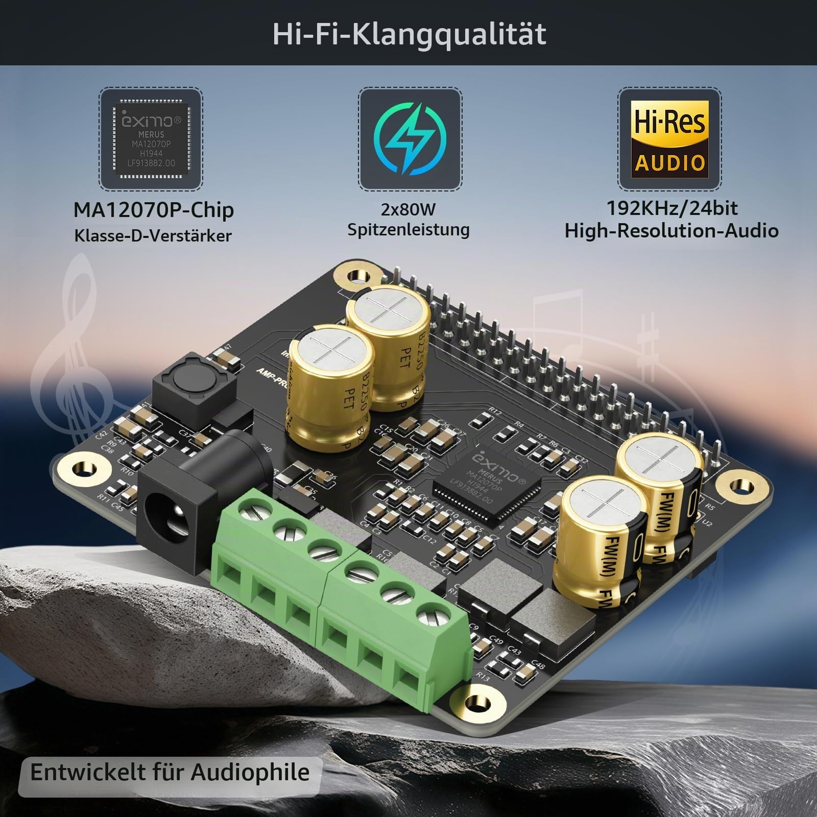 InnoMaker Audio-Verstärker 2x80W Spitzenausgang Klasse D HiFi AMP Pro Hat, mit 192 kHz/24 bit MA12070P, unterstützt Volumio, MoOde, Raspbian, LibreELEC für Raspberry Pi 5 4 3B+ Pi Zero