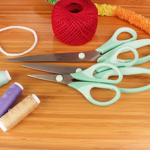 Vista 67 de BambooMN Juego de tijeras de titanio Softgrip – Rosado, costura, arte, manualidades, oficina – 1 juego de 4 – morado con naranja 4 piezas moradas