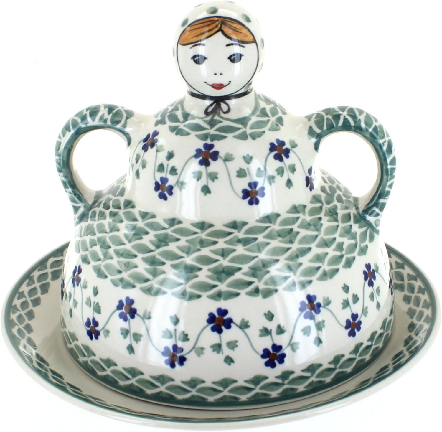 Blue Rose Polish Pottery - Green Sage Floral Cheese Lady - 8.5" Diameter - Polish Pottery Ceramic Cheese Keeper with Lid, Decorative Butter or Cheese Dish