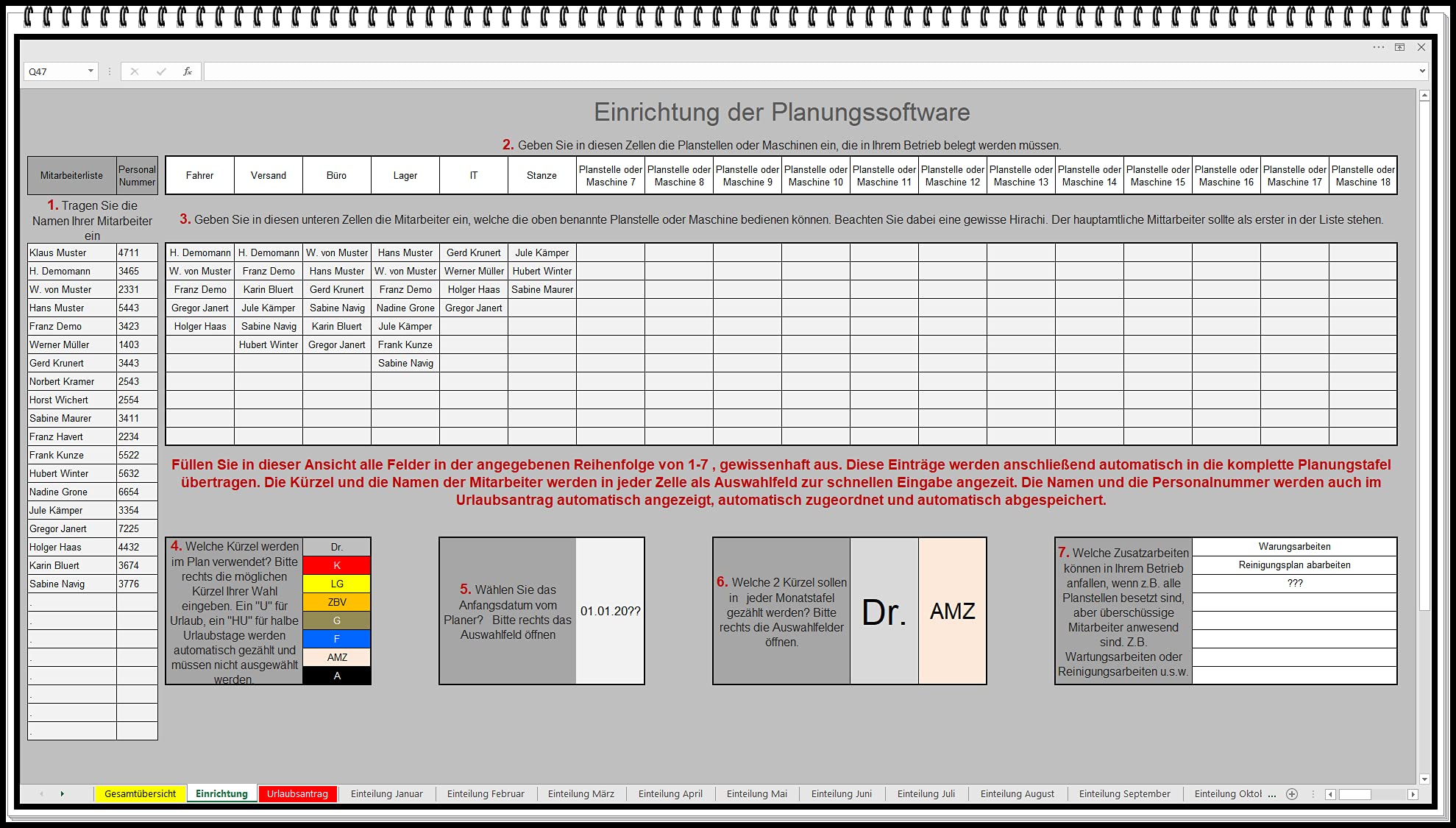 Belegungsplan für Maschinen oder Personal Dienstplan Schichtplan Einsatzplan erstellen in Excel