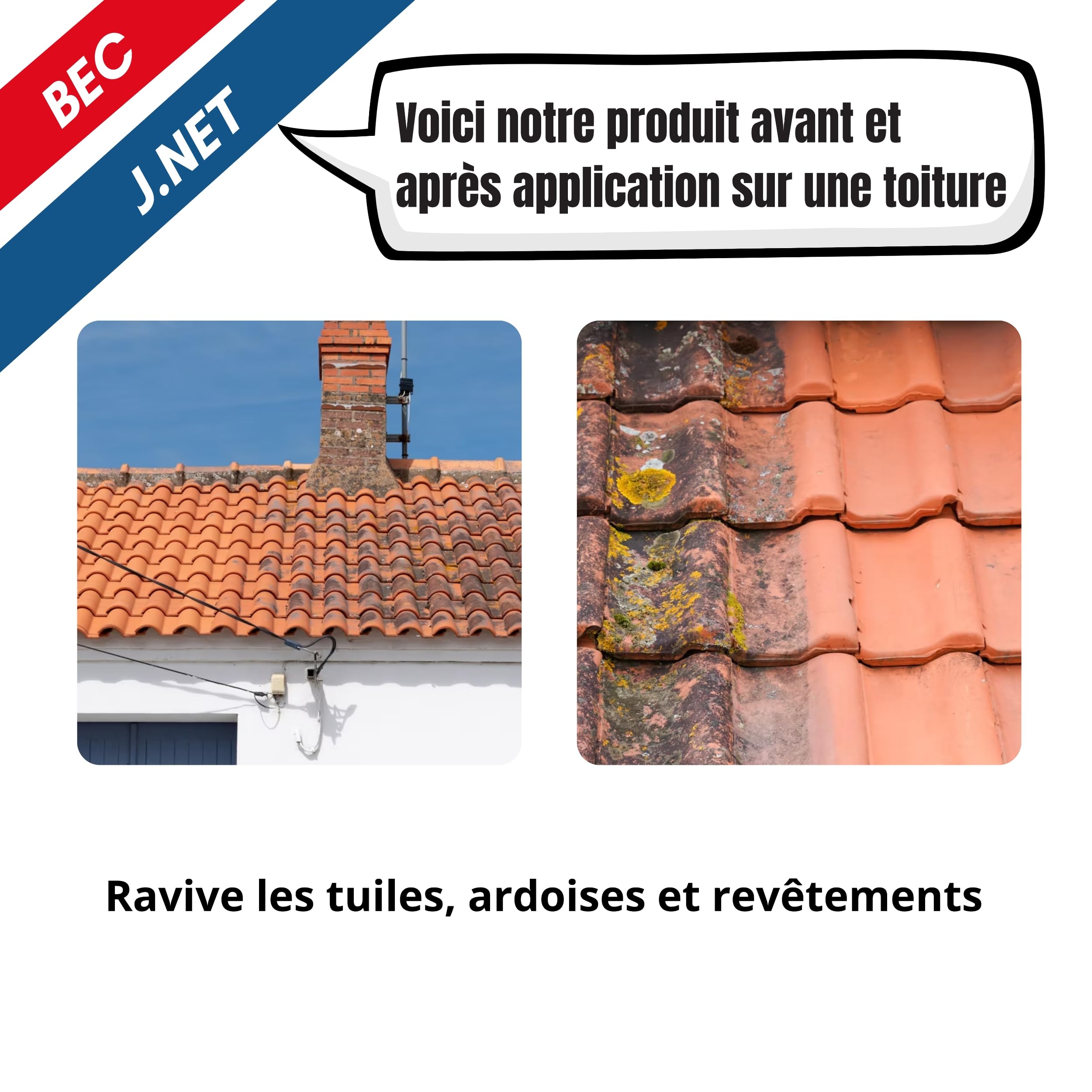 Nettoyant J-net Bec Gros Travaux 10l - Détruit dépôts vert & noirceurs - Nettoyant Puissant multi-surface - Redonne aux façades, toitures, sols leurs état d’origine - Made in France.