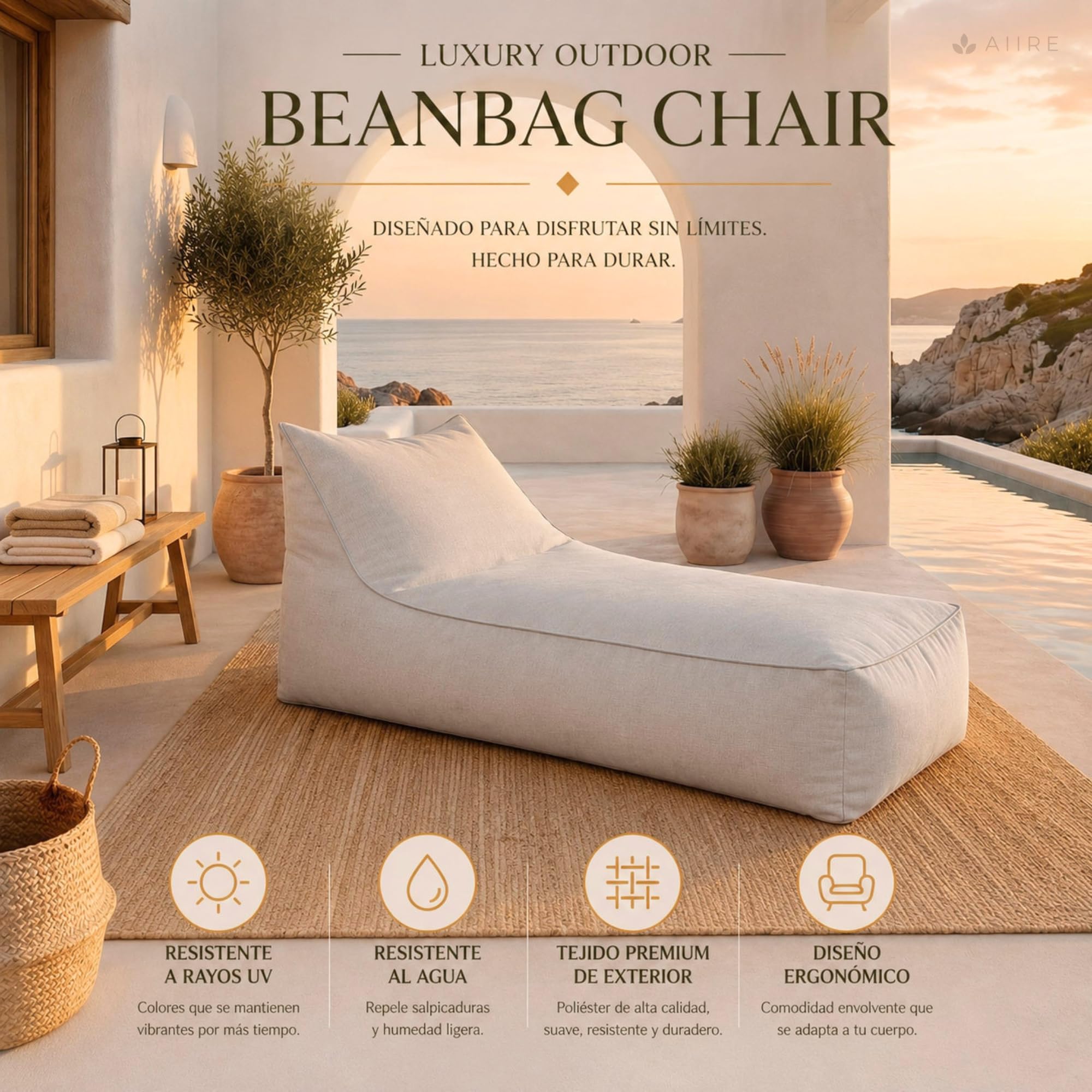 Aiire Pouf d'extérieur géant long 180 x 80 x 70 cm avec rembourrage inclus pour jardin, terrasse ou salon Gris