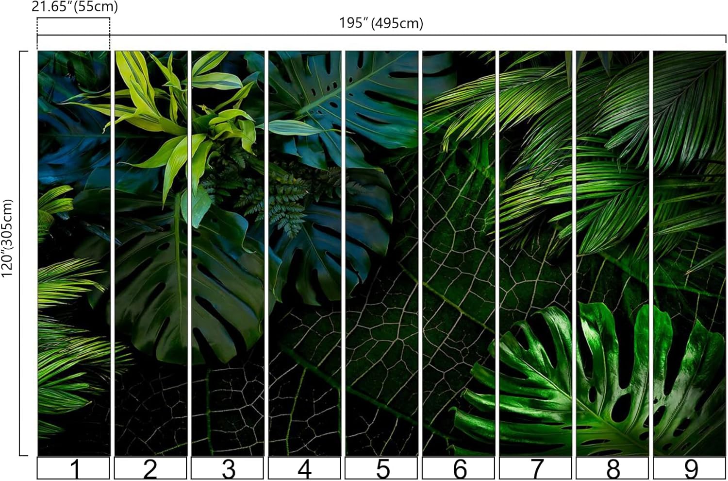 Bormia Green Monstera Wall Mural Tropical Plant Banana Leaves Mural Wallpaper Seamless Palm Leaf Wall Decals for Living Room Bedroom Motif Shop 195"x 120" (Not Self-Adhesive)