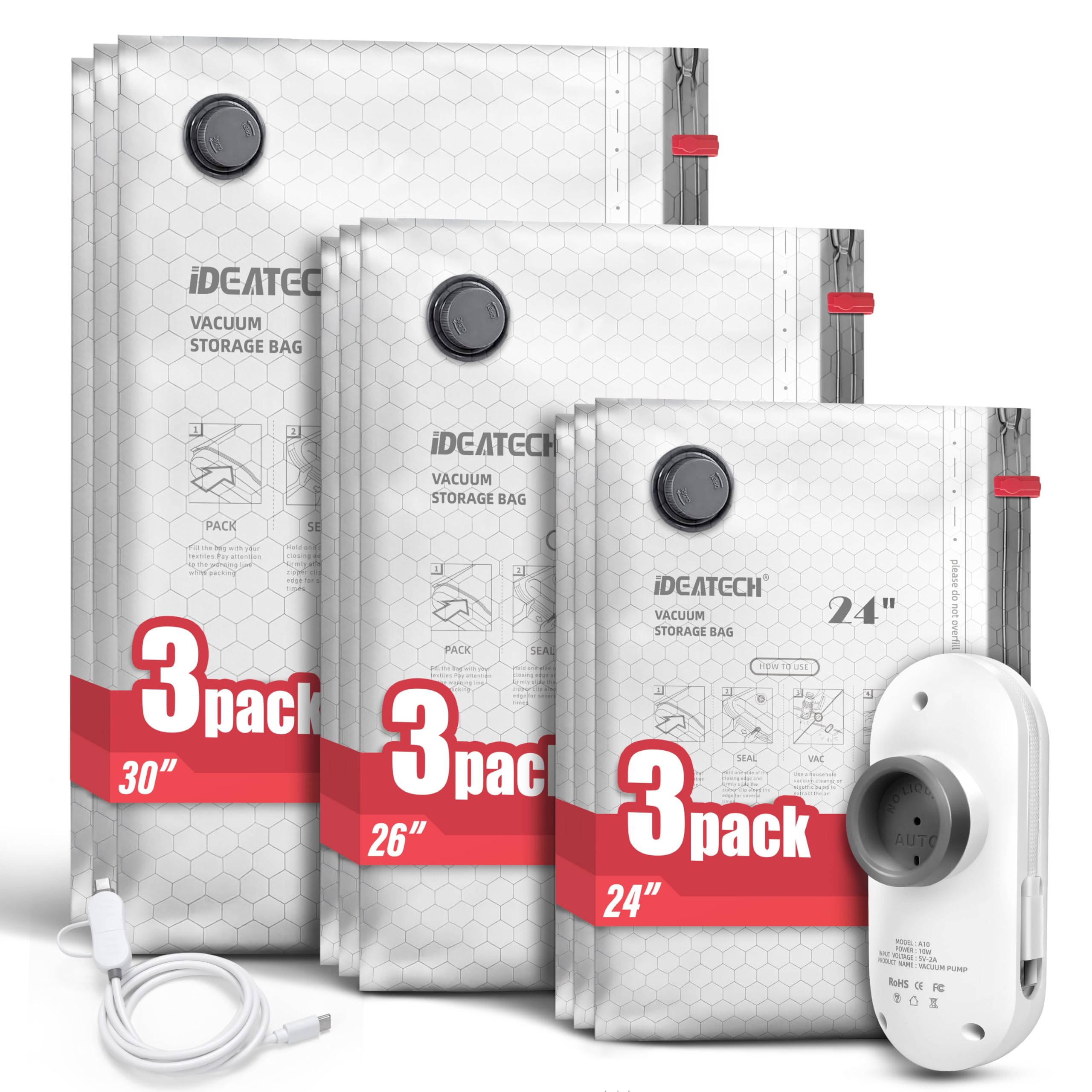 IDEATECH Bolsas de vacío de viaje con bomba USB, bolsas de sellado al vacío que ahorran espacio para ropa y equipaje, bolsas de embalaje de compresión reutilizables para maleta y almacenamiento en el