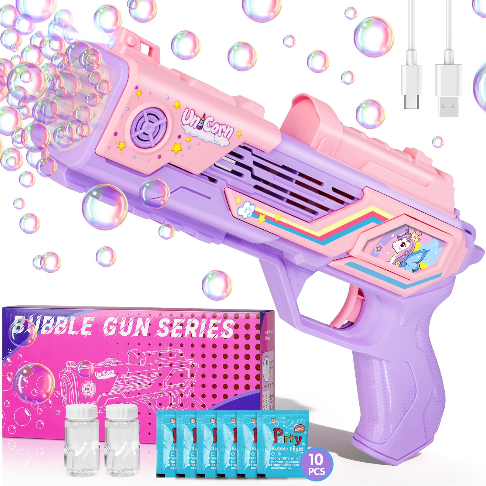 Photo 1 of ***MISSING PART** MINOR DAMAGE***Rechargeable Unicorn Bubble Gun, Unicorn Toys for Girls Age 4-6, Outdoor Toys Bubble Machine, 3 4 5 6 7 8 9 10 11 12 Year Old Girl Gifts, Easter, Birthday, Summer, Wedding, Party Favors, Halloween