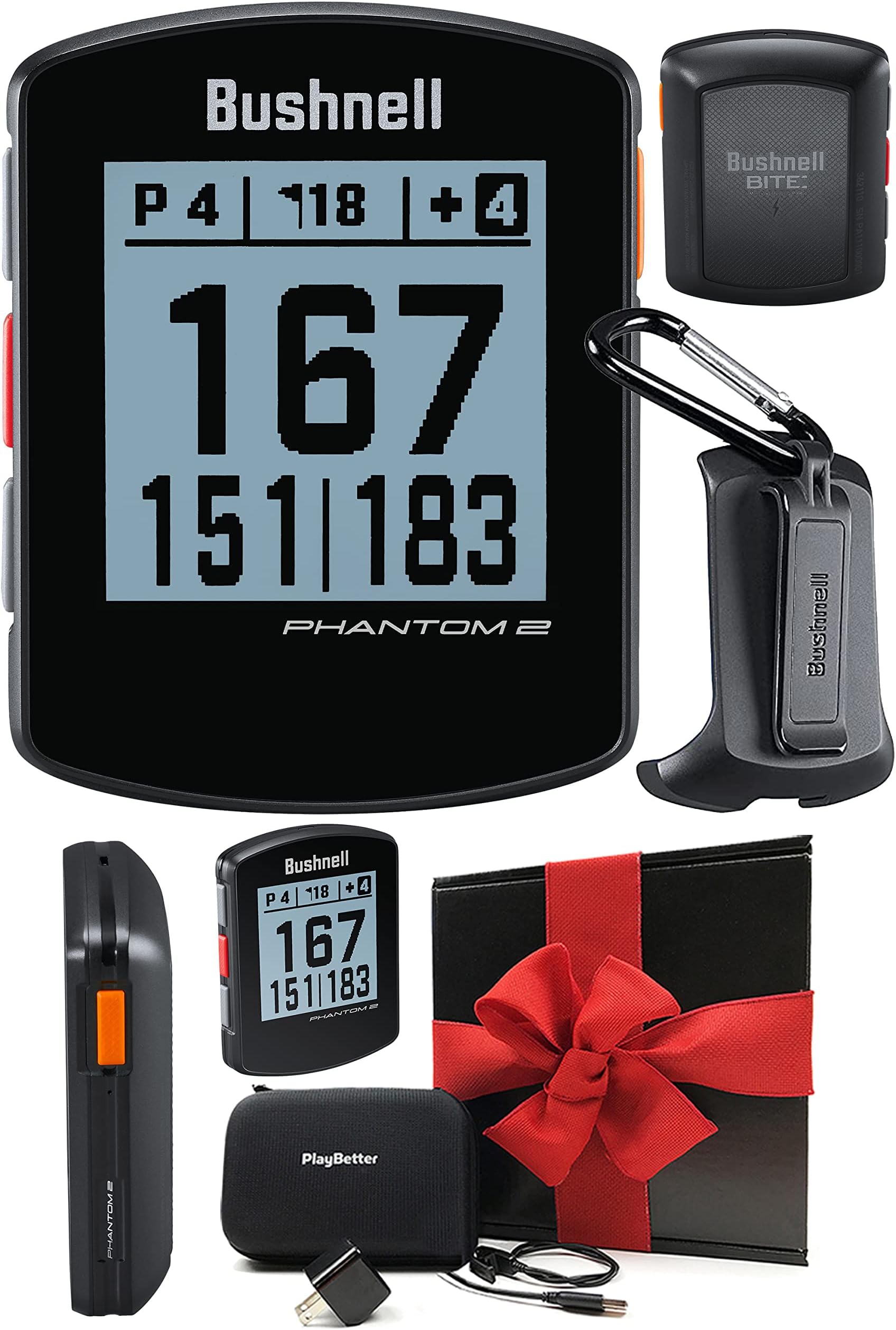 Bushnell Phantom 2 (Black) GPS Golf Handheld | Gift Box Bundle with PlayBetter Wall Adapter & Protective Hard Case | Distance Rangefinder Device | Magnetic Mount, 38,000+ Courses, Distances