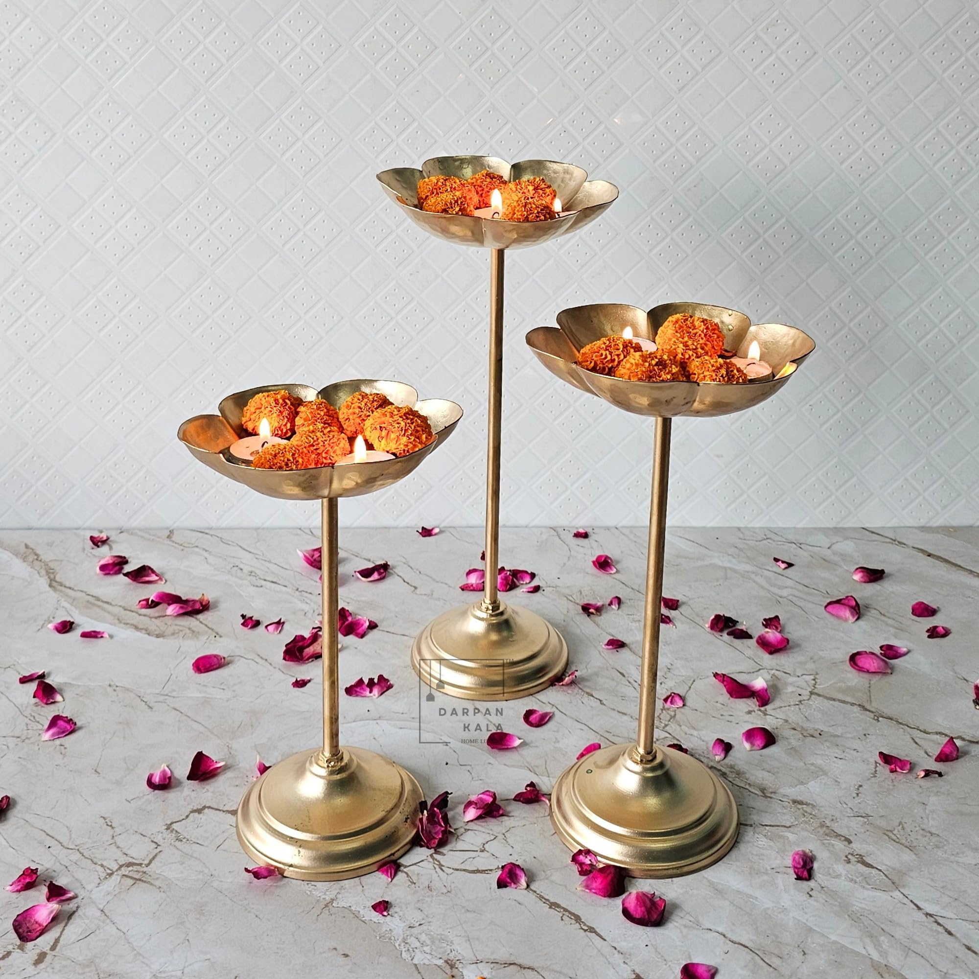 DARPAN KALA Flower Urli Bowl Set, Decorative Urli Set of 3 with Long Stands, Traditional Festival Home Decor, Urli Bowl Set for Diwali Decoration,Stands 25-30-36 cm Height-image-6
