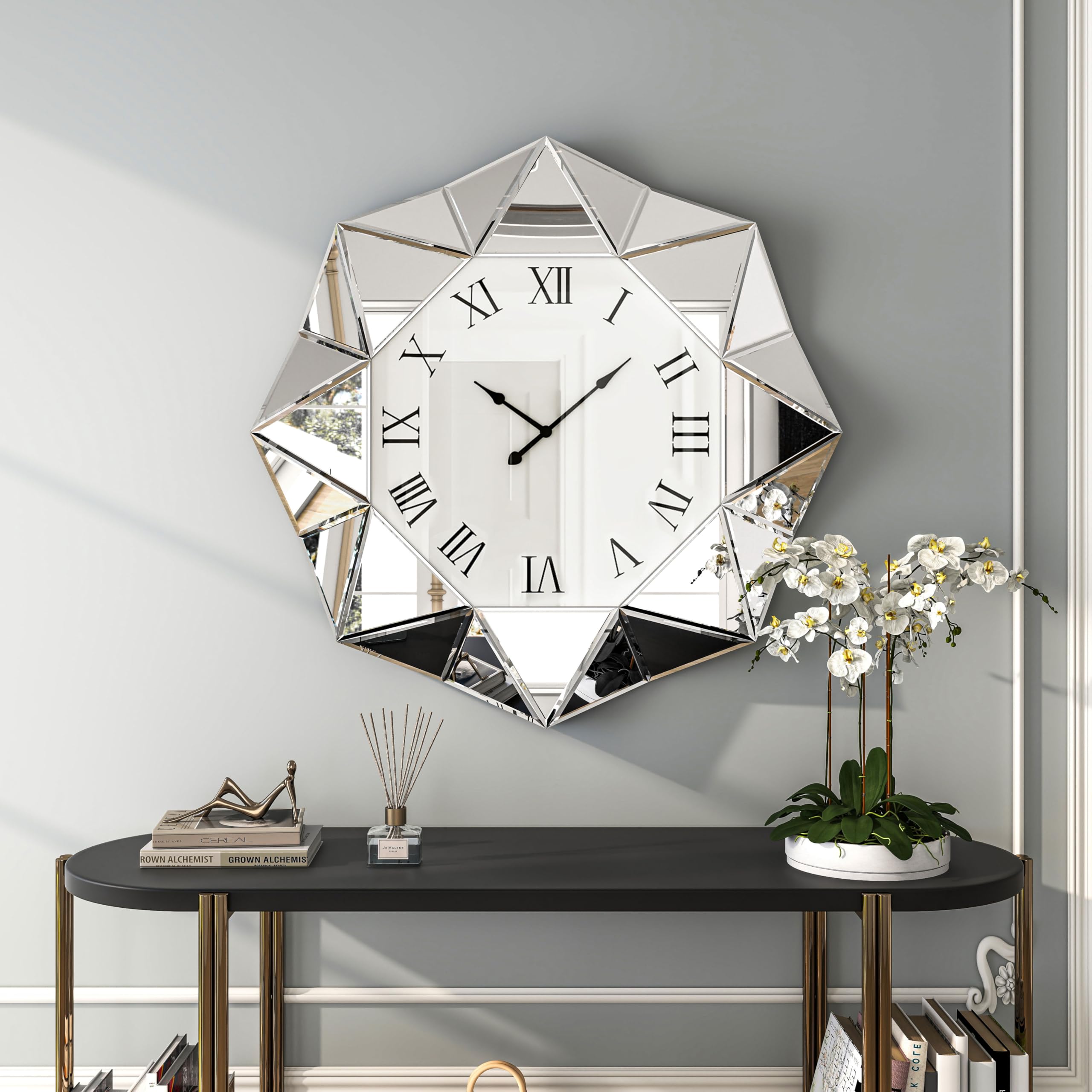 Reloj de pared decorativo, reloj grande plateado con espejo, reloj silencioso moderno con marco biselado de diamante, reloj de pared para sala de estar, comedor, 23.4 pulgadas