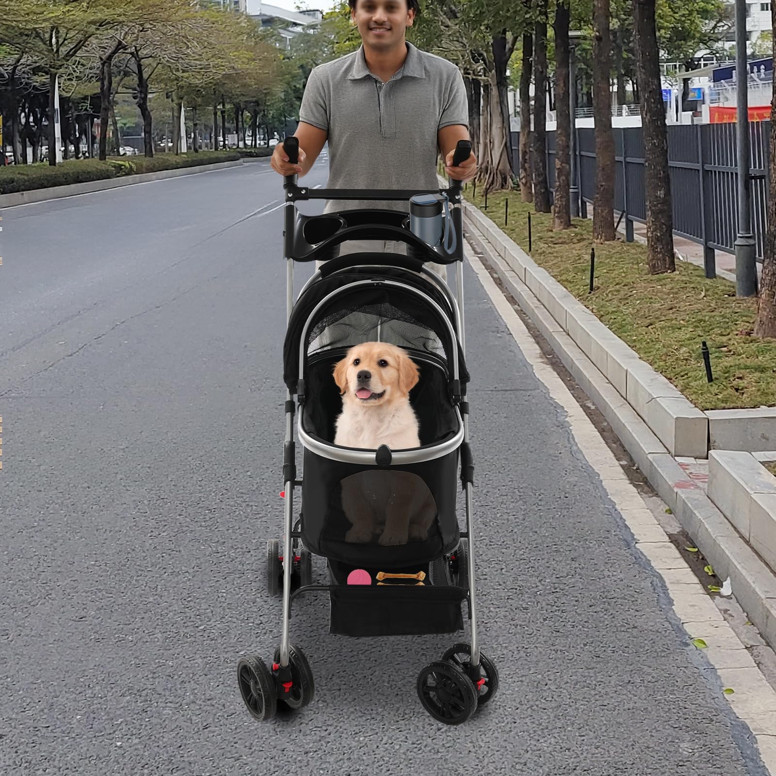 Passeggino per animali domestici, pieghevole, leggero, con 4 ruote e rete di ventilazione, 12 kg, multifunzione, portatile, per gite, parco, viaggi (nero)