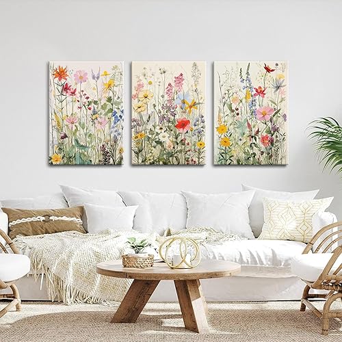 Miniatura 5 de KISSFOX 3 piezas de lienzo de arte de pared de flores silvestres para decoración de pared, cuadros florales, pinturas botánicas, impresiones de
