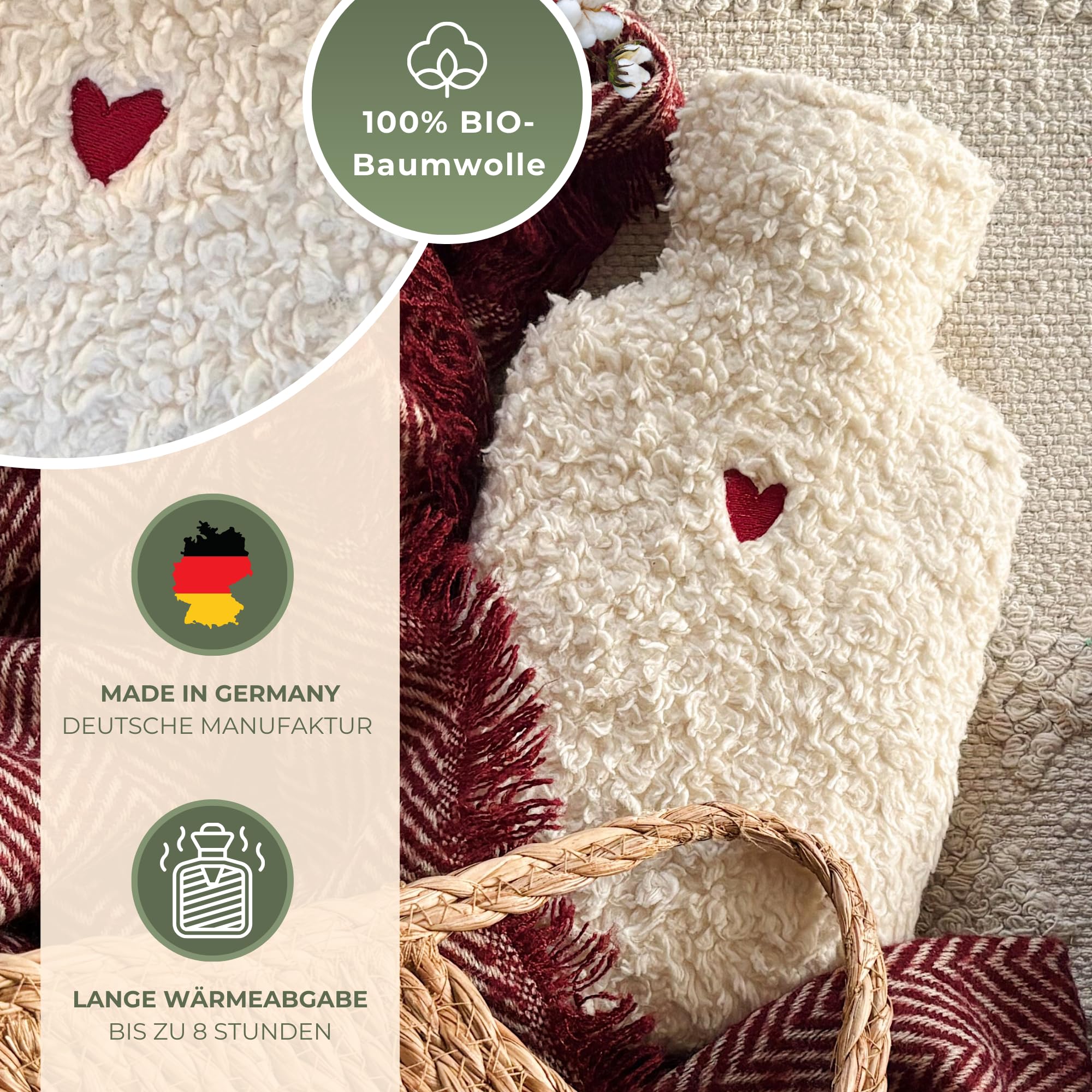 kontor28 - kuschelige TEDDY Wärmflasche mit Bezug aus super weicher 100% Bio-Baumwolle, handgefertigt Made in Germany, auslaufsicher, geruchlos und schmerzlindernd für Kinder/Erwachsene - 0,8 Liter