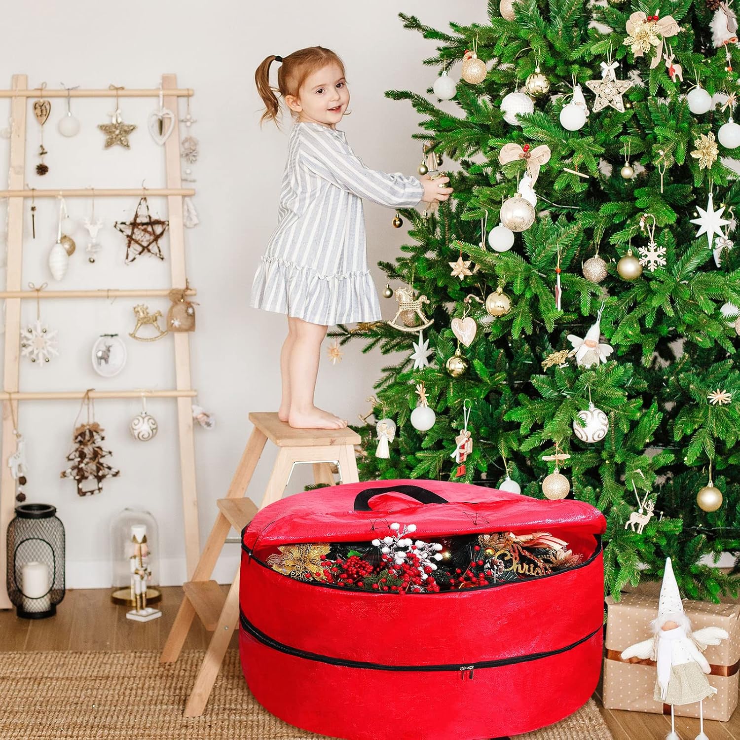 Hoolerry Double Layer Christmas Wreath Storage Container Bags Double Wreath Storage Container Zippered Bag with Handle Festive Storage Box Storage for Xmas Garlands, Red(2 Pcs,30 Inch)