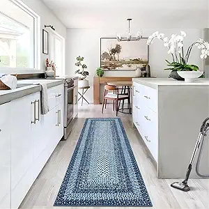 GAOMON Braided Print Washable Non-Slip Hallway Runners Entryway Rug - 2x6, Ultra-Thin Farmhouse Kitchen Mat, Bedroom Bedside Laundry Distressed Non-Shedding Accent Carpet - Blue