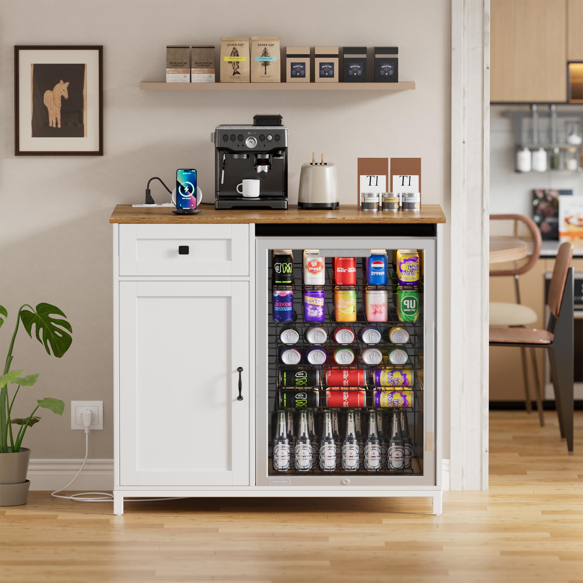 Credenza Cucina,Mobile Cucina con Presa di Corrente Porta USB,Mobiletto Portaoggetti per Mini Frigo,Buffet Moderno,Credenza Soggiorno con Cassetti e Armadi,Adatto per Hotel,Casa,Ufficio, 95x53.6x99cm