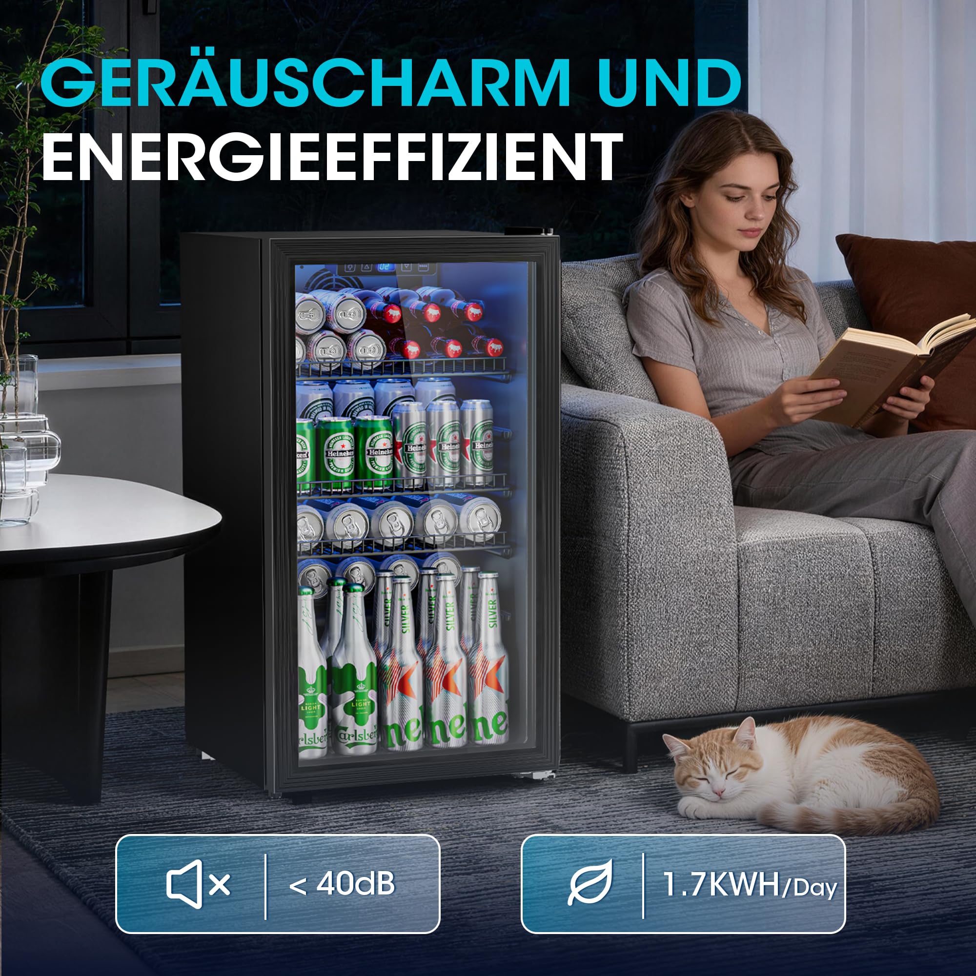 JUMMICO 90L Getränkekühlschrank mit Glastür, 125 Dosen Kapazität, verstellbare Regale, Kompakt-Design