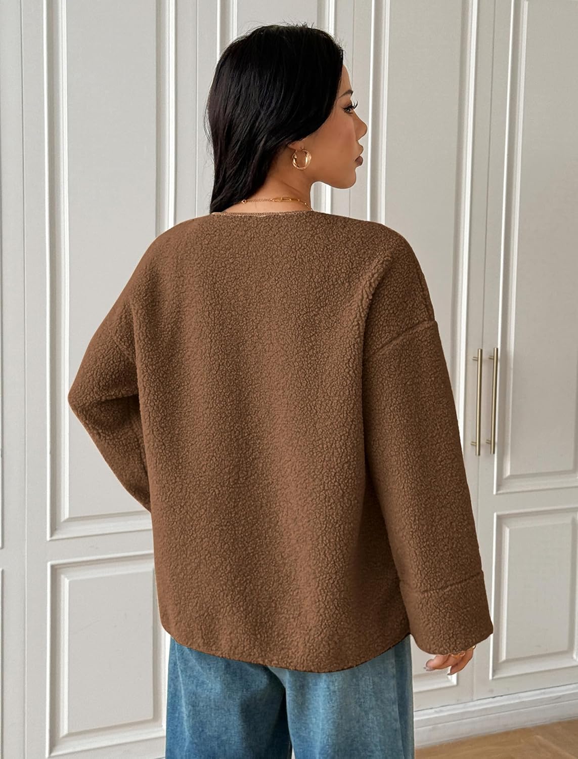 ZAFUL Women's Faux Fur Sweatshirt Long Sleeve Button Down Pockets Winter Coat Fleece Sherpa Jackets Outerwear - Image 2