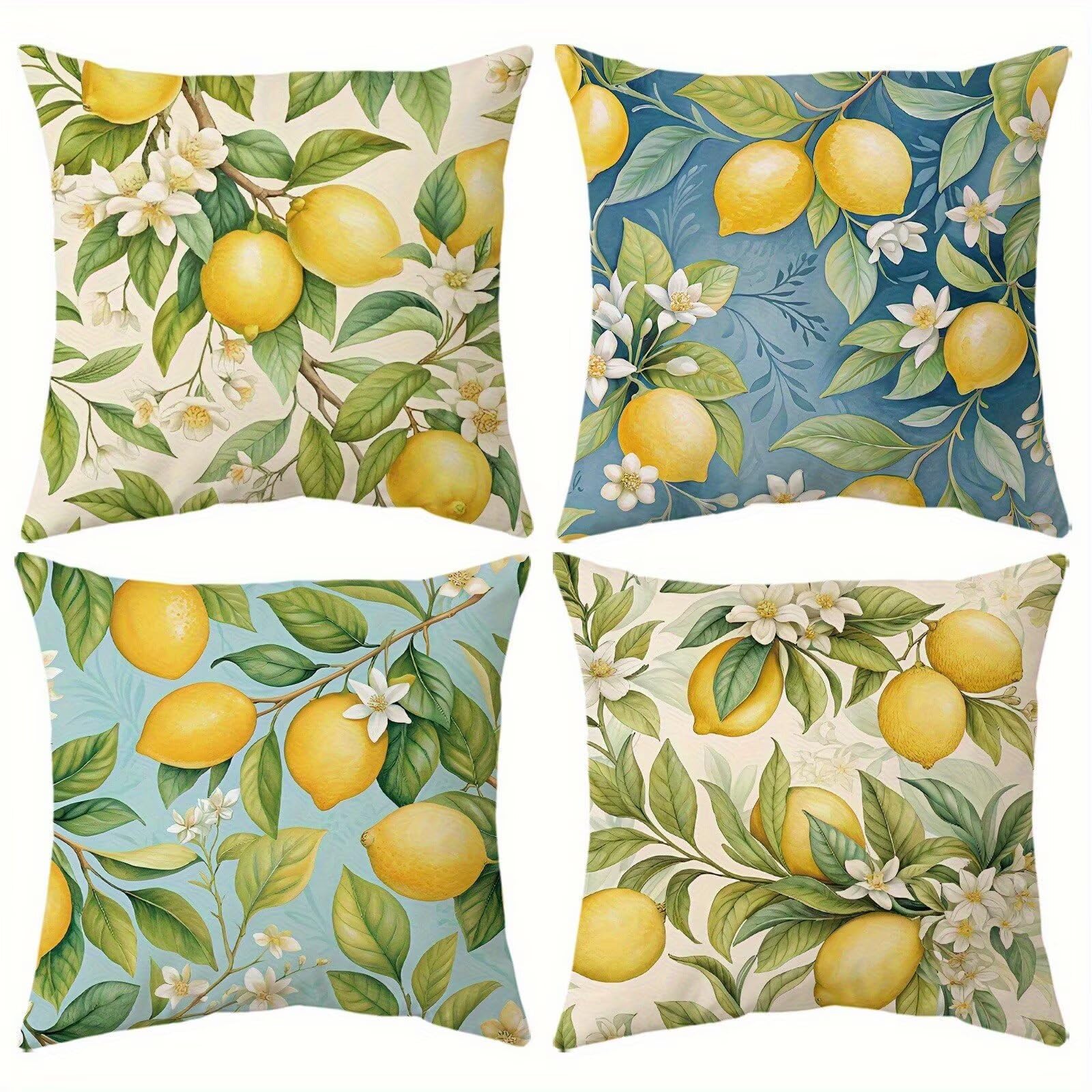 Heaen Outdoor Cushions Covers Waterproof 35x35 cm Set of 4 Square Linen Pillow Cases Flowers Lemon Decorative Dushions for Sofa Porch Patio Home Decor