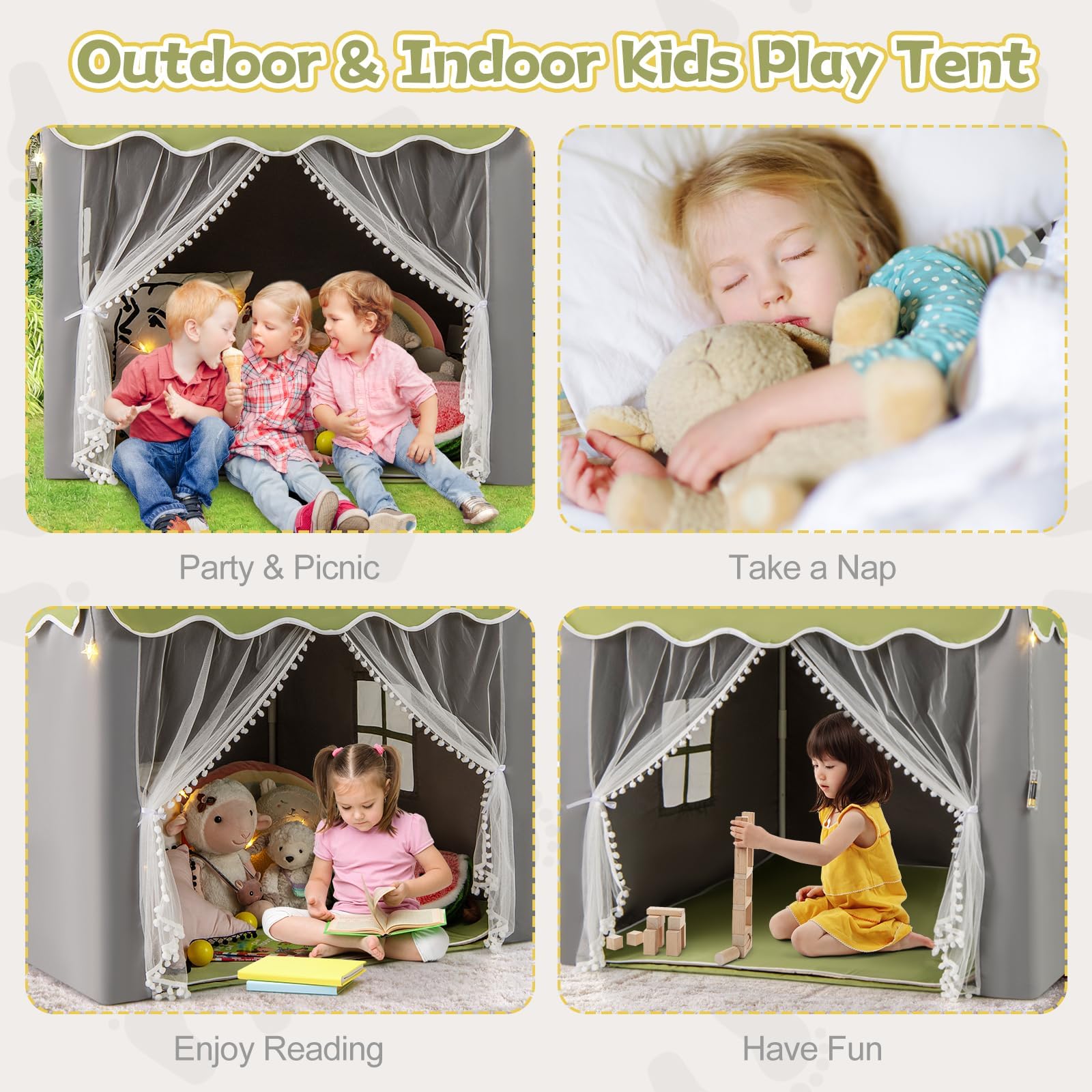 HOMASIS Tienda de campaña Infantil de Interior, Castillo de Juegos con Alfombra Lavable y Luces LED en Forma de Cuerda, Casita con Cortinas y Ventanas, para niños y niñas, 121x105x136cm (Verde)