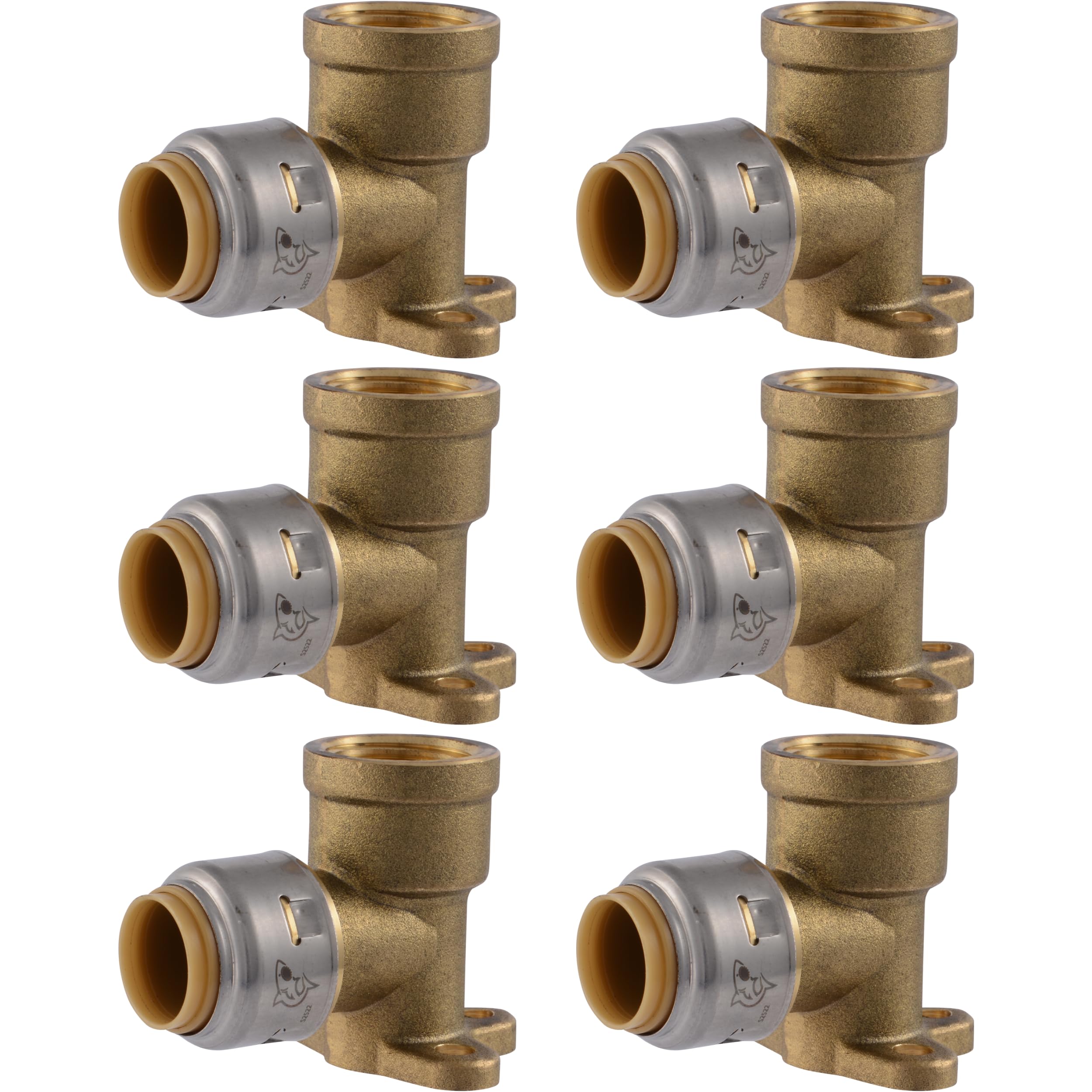 SharkBite Codo de oreja FNPT de 3/4 pulgadas x 3/4 pulgadas, paquete de 6, accesorio de fontanería de latón a presión para conectar, tubo PEX, cobre, CPVC, PE-RT, HDPE, UR340