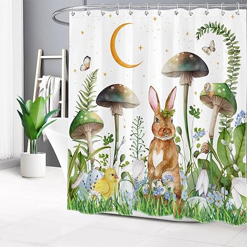 Miniatura 4 de SCECALA Easter Rabbit Shower Curtain, Mushroom Bathroom Curtain Easter Eggs with Green Plants Leaves Aesthetic Moon Shower Curtains for Bathroom