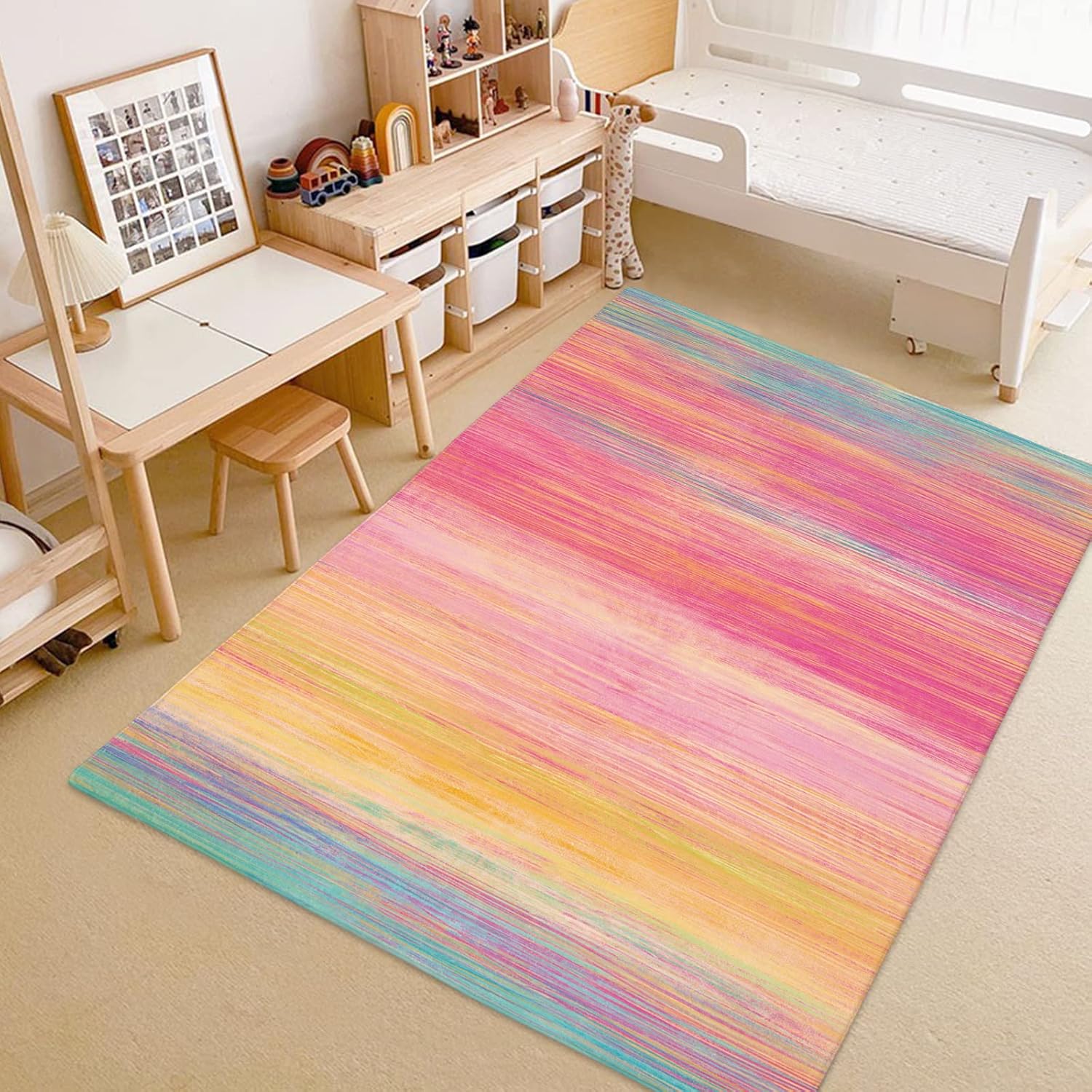 USTIDE Vibrant Rainbow Area Rug 5x7/55"x78" Colorful Stripe Kids Rug Plush Machine Washable Rug for Girls Bedroom Nonslip Kids Carpet for Nursery Soft Playroom Home Decor