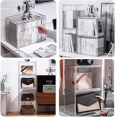 Miniatura 10 de Contenedores de almacenamiento de plástico apilables transparentes con tapa magnética, libros a prueba de polvo y vitrinas de cosméticos, escaparate