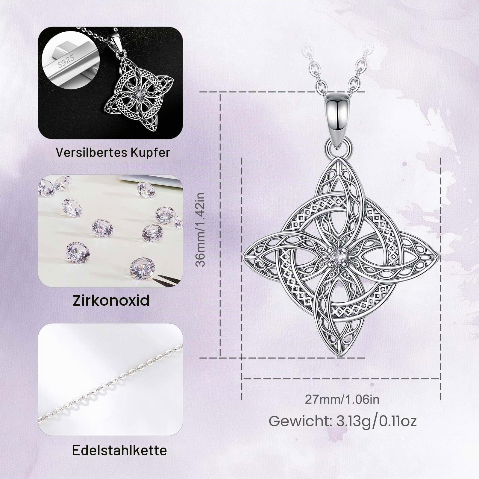 CELESTIA Versilberte Hexenknoten Anhänger Halskette mit Amethyst Geburtsstein, 51 cm Verstellbare Edelstahlkette - Muttertag, Geburtstag, Valentinstag, Halloween Geschenke Frauen