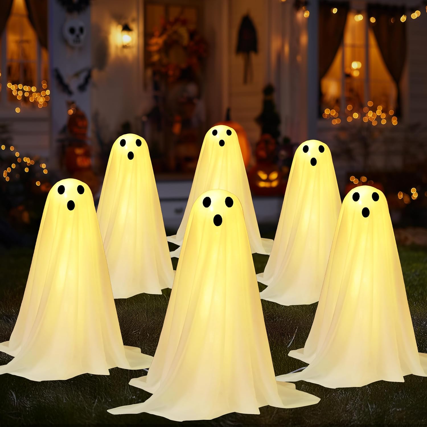 JOYIN 3 Pcs Halloween Decorations Outdoor Ghosts Pathway Lights, 18” White Cloth Ghost with White Light Up Yard Stakes for Graveyard Yard Lawn Garden Prop, Party Decor Supplies