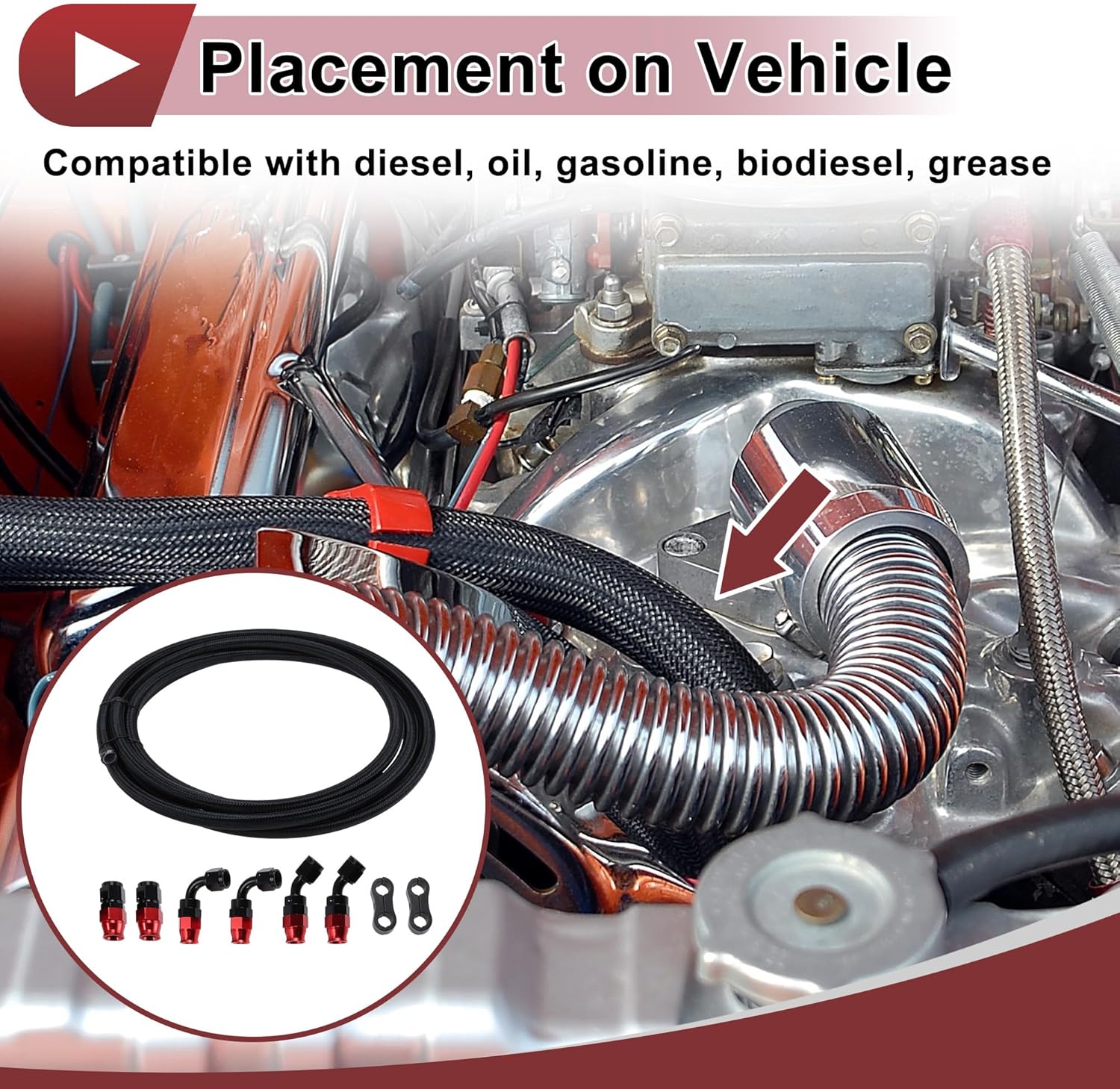 AN10 Fuel Line Kit 15.09ft Vacuum Hose Automotive Fuel Hose with Black Adapter Pipe Clamp 1 Set