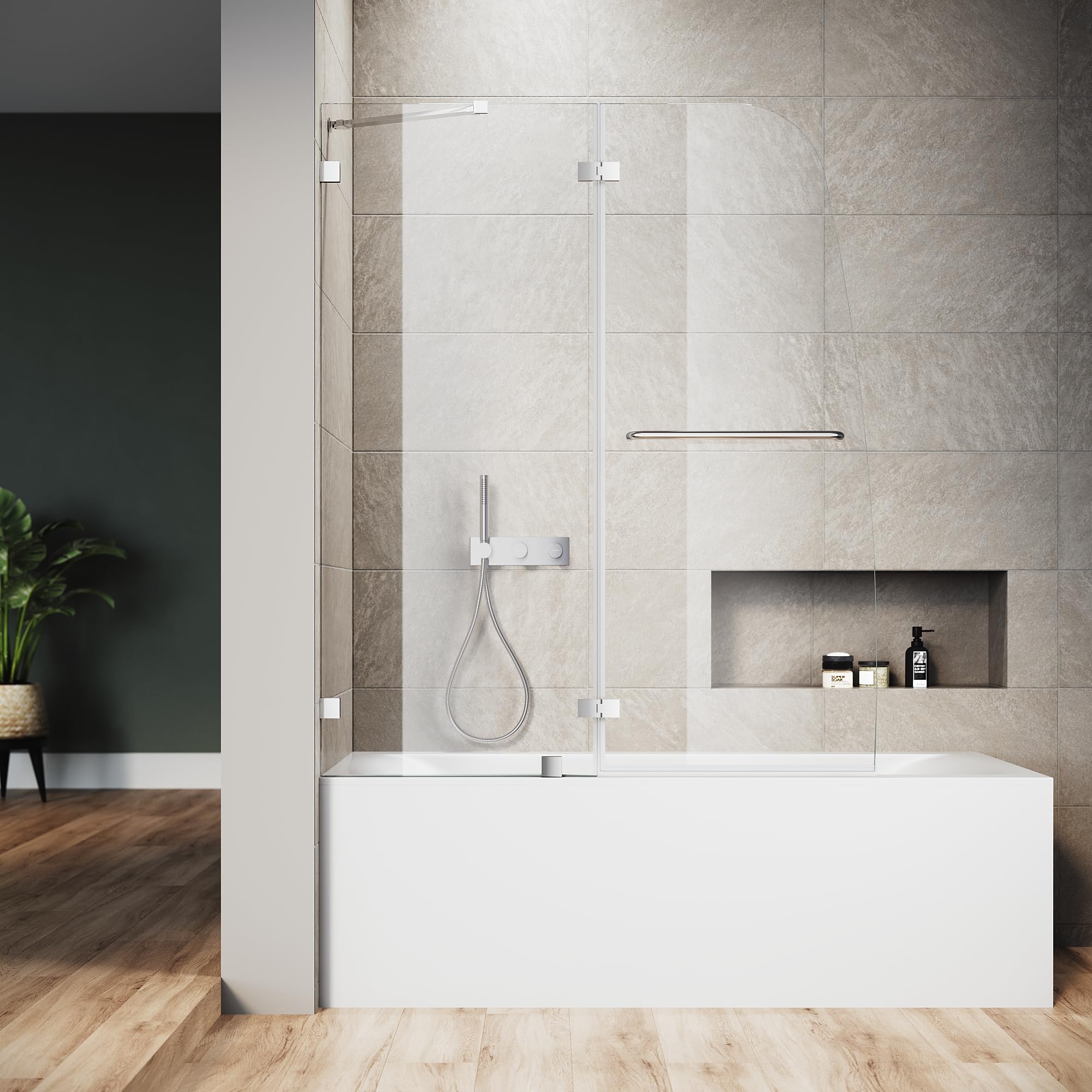 SUNNY SHOWER Tub Shower Door Hinged Tub Screen 1/4" Clear Glass Bathtub Door 48" W x 58" H Pivot Swing Shower Door with Towel Bar, Chrome Finish