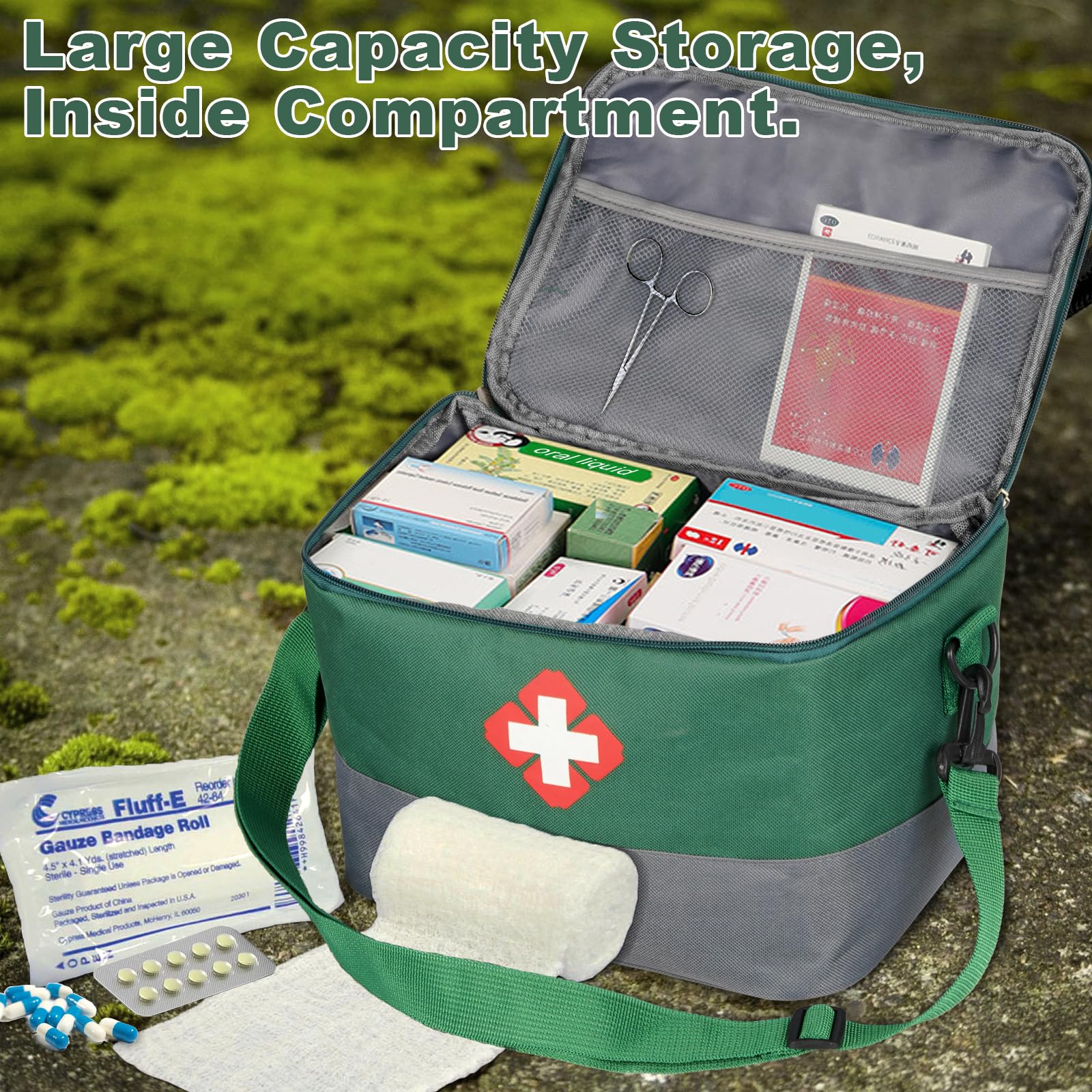 Hossom Kit di Pronto Soccorso, Borsa Medica Impermeabile con Tracolla, Borsa per Infermiere Alta capacità Porta Medicine da Viaggio Mini Scatola di Sopravvivenza per Casa, Ufficio, Esterni, Verde