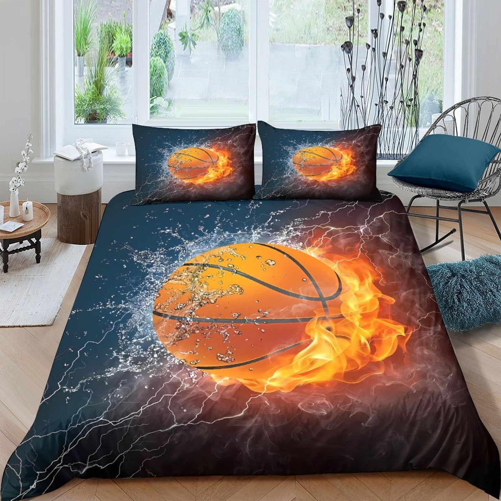 Ctjqhvkz Style-7 3D Printed Basketball Fire Fitted Sheet Microfiber Soft Sports Water Splash Bed Cover For Bedroom Dorm Decor Single（135X200cm）