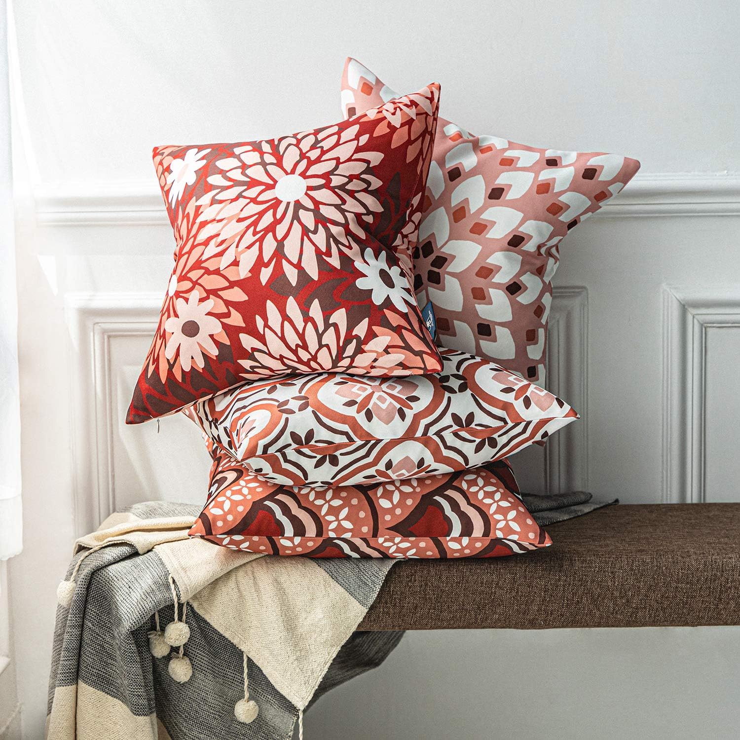Phantoscope Set of 4 New Living Series Dahlia and Oriental Double Side Print Decorative Throw Pillow Case Cushion Cover, Red and Pink, 18 x 18 inches, 45 x 45 cm