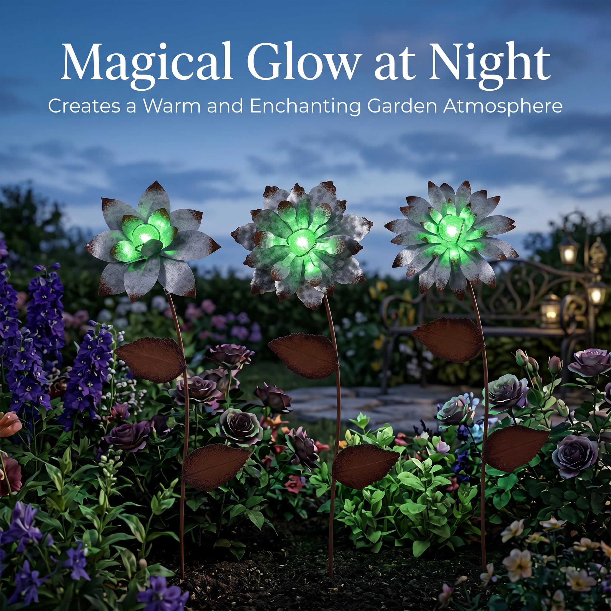 Lot de 3 piquets de jardin en métal brillant dans le noir argenté résistant à l'eau pour pelouse, cour, patio